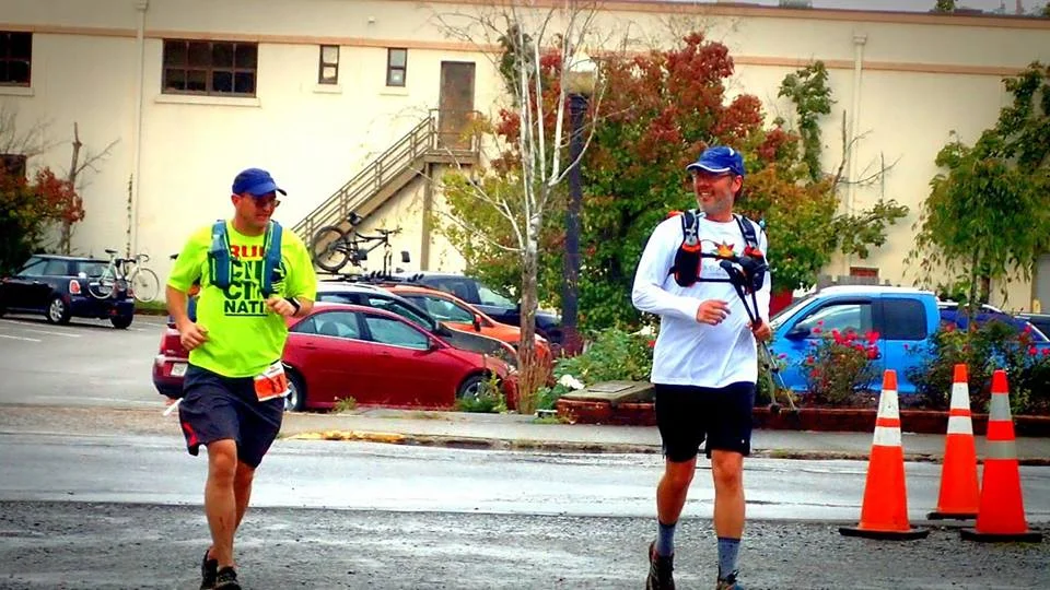 The final turn to the finish at Cloudsplitter 100 with Rob Gentry - his first 100-mile finish!