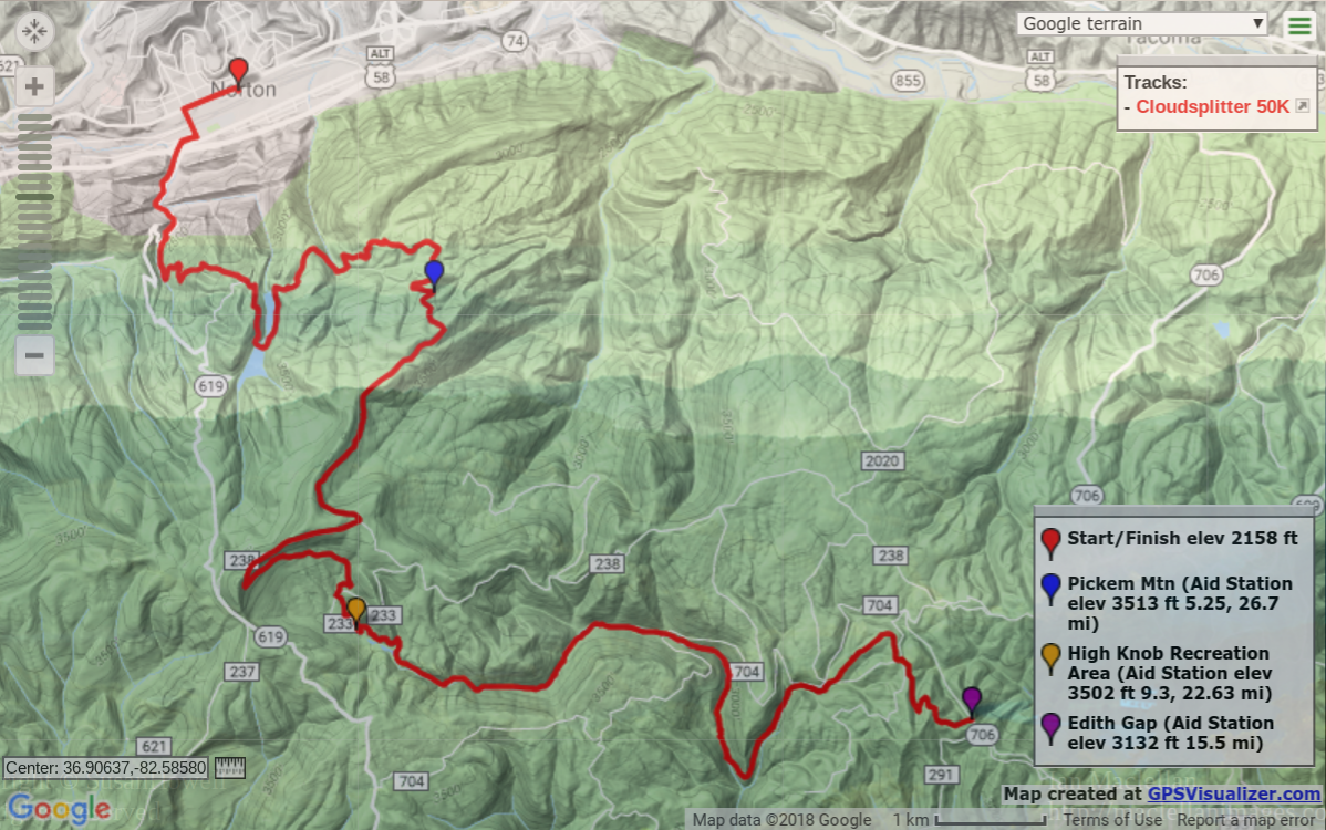 Map of 2018 Cloudsplitter 50K