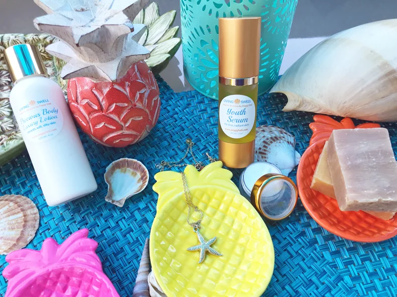 "Pineapple Splash" Summer 2018 Gift Set includes: Youth Serum, Body Lotion, Eye Lift Cream, Two 2-oz bars of handmade soap, Pineapple ceramic dish, your choice of necklaces, and your choice of zippered beach bag with matching lightweight towel