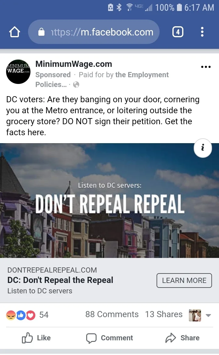 Facebook ad paid for by the Employment Policies Institute