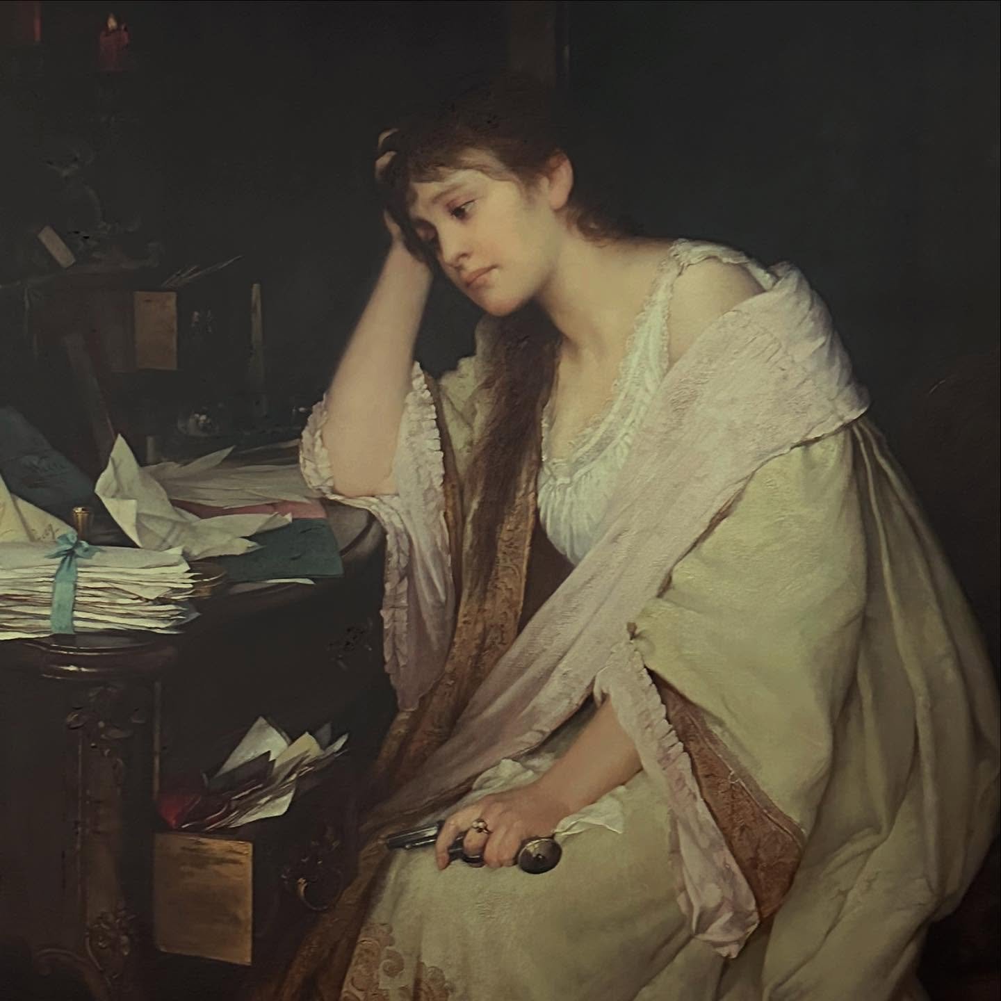 Luise Max-Ehrler
&quot;Telegram&quot; 1894
@ngprague 

At the finale of &quot;Women Artists 1300-1900&quot; is this romantic doozy portrays a tragic break up...but the curator Olga Kotkov&aacute; told me she wants to kill herslef because she marks th
