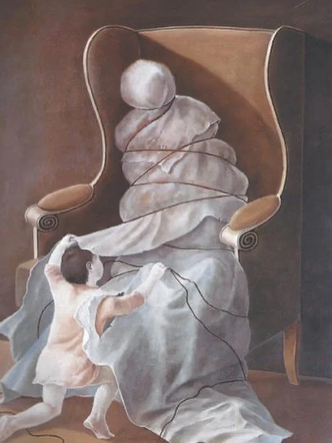 Stanislao Lepri 
L&rsquo;Apprentissage, 1977

A very curious artist of aristocratic lineage who rejected his class to live with Leonor Fini and the Constantin  Kot Jelenski in Paris as a thruple. One of the few examples I can think of when the male a