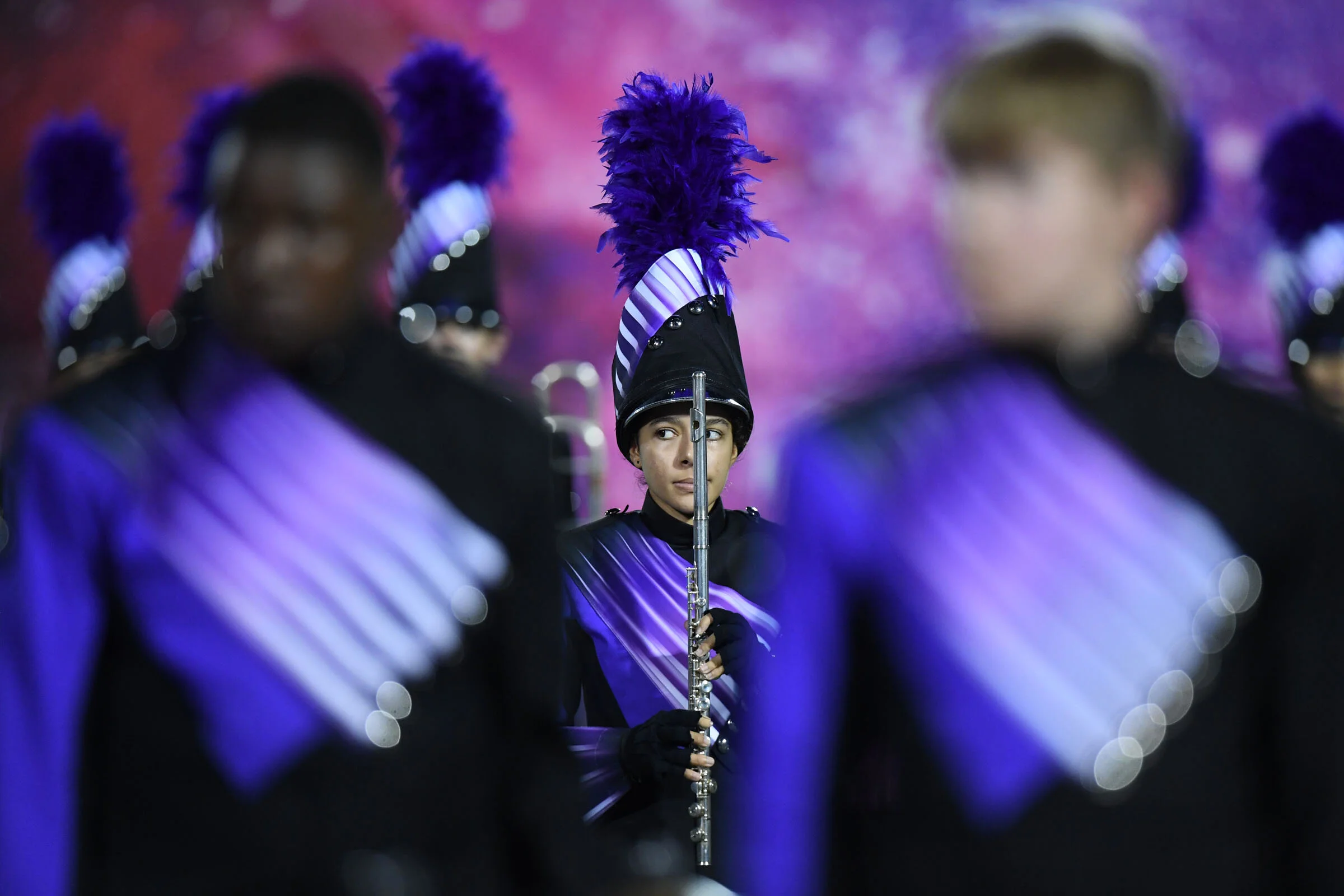 Members of the College Station High School Cougar Band begin their show "It's in the Stars" Tuesday, Oct. 15, 2019, during the College Station ISD Band Showcase at College Station High School in College Station, Texas. While rainy weather forced the Cougar Band to cut their program short, members of A&M Consolidated High School's Tiger Band were able to complete the performance of their 2019 show, "Seasons of Life." (Laura McKenzie/The Eagle)