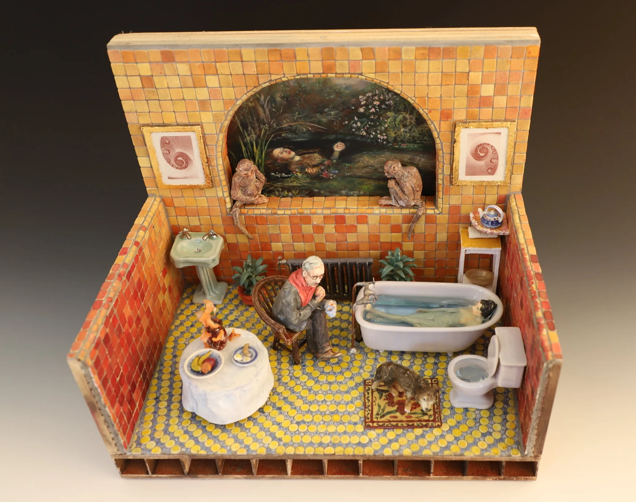  Marthe's Dream  Porcelain, oil on panel, cast lead, copper, wood, resin  12” x 10” x 8”  