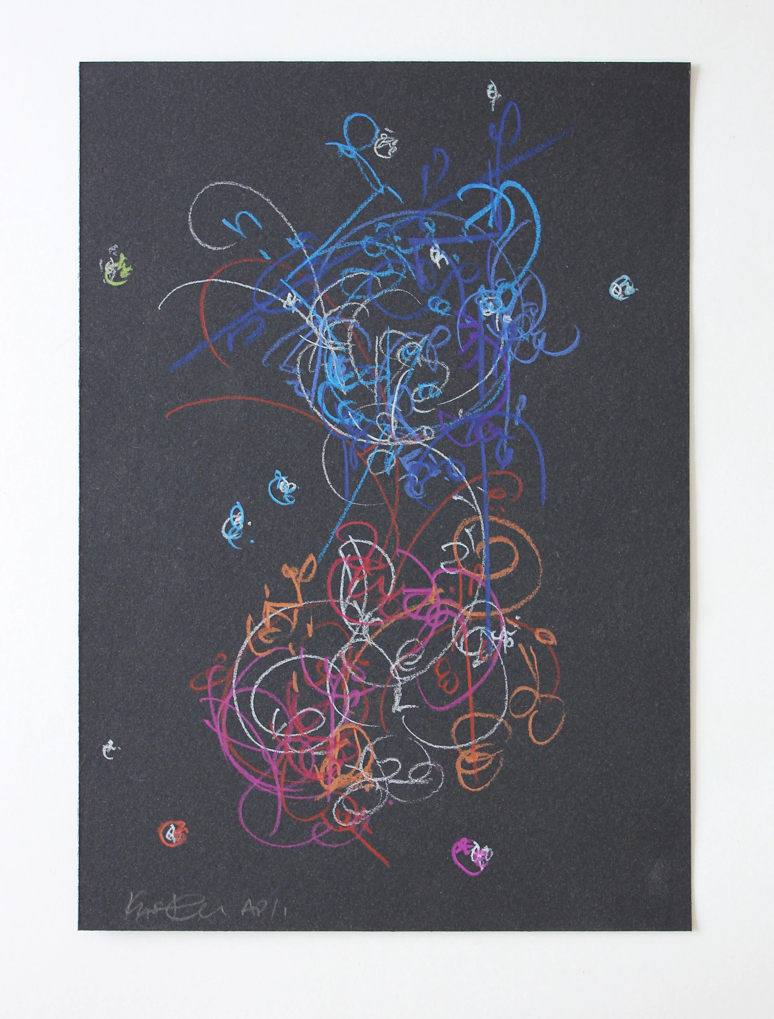 Kysa Johnson blow up 410 - the long goodbye - the creation of hydrocarbons in the Lion Nebula, 2019 fixed colored pencil on black paper 10 x 7” unique variants