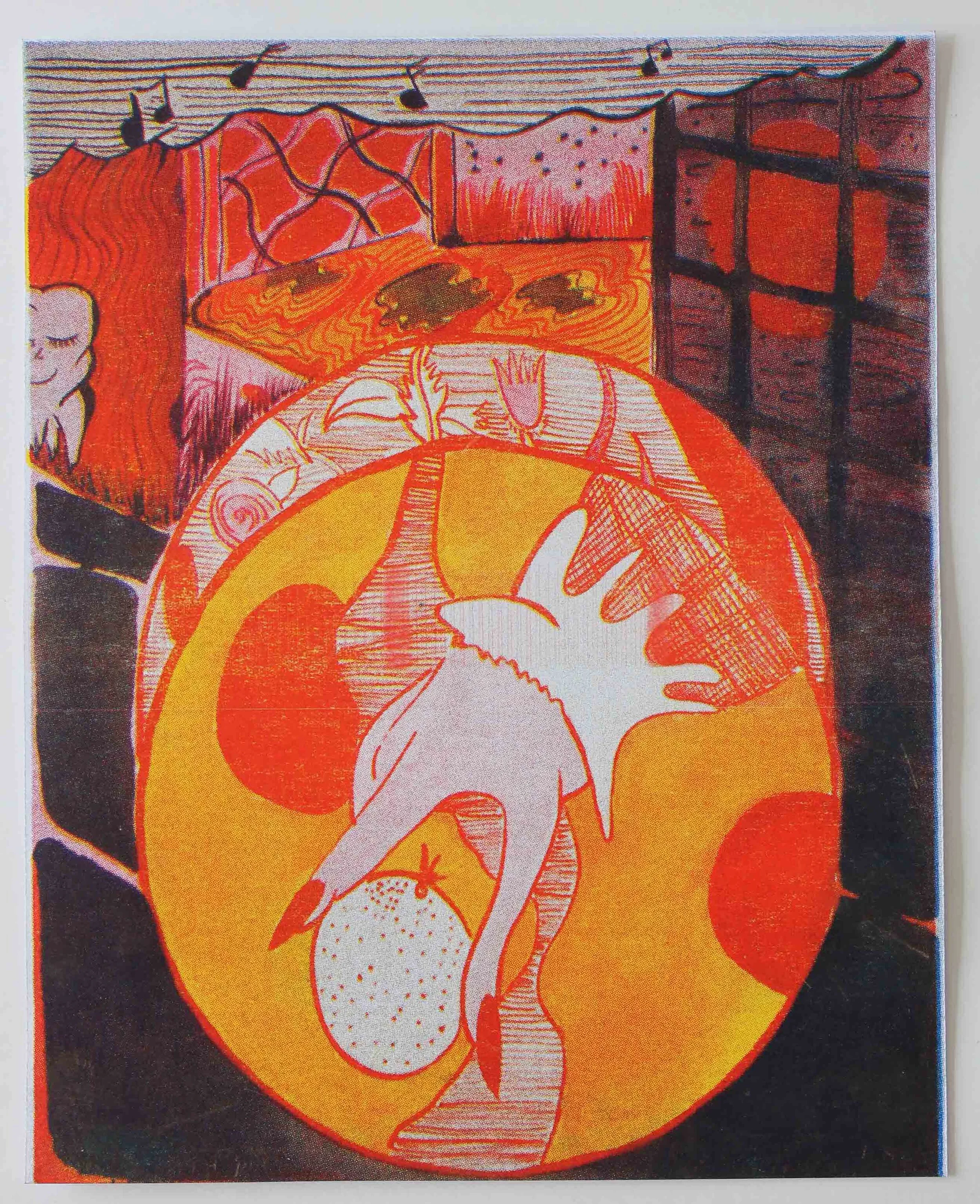 Jamie Felton Holding an Orange Over the Sunset, 2019 ink on paper, Risograph