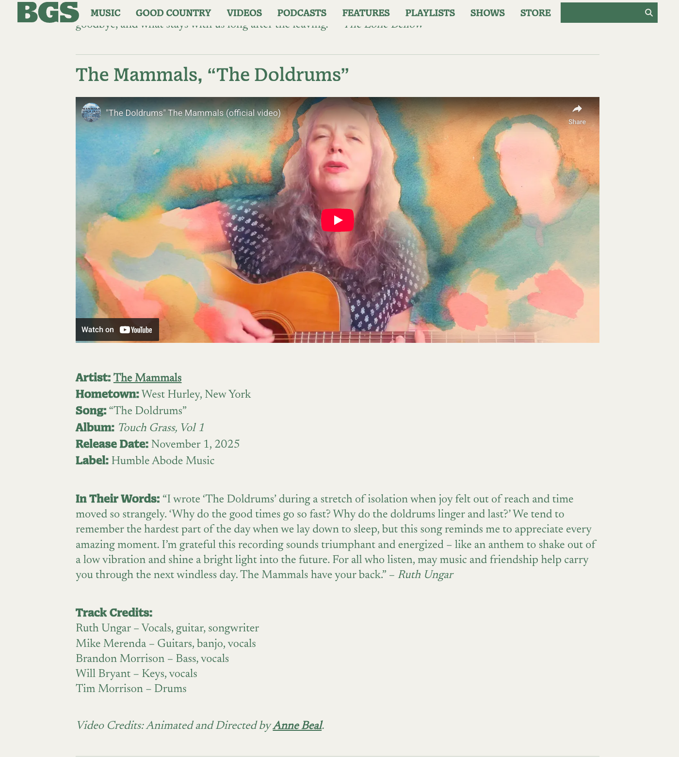 Anne Beal's animated music video for The Mammals debuts on The Bluegrass Situation. The film still features a colorful painted image with a video overlay of Ruth Ungar Merenda playing guitar and singing. Saturated watercolor inks surround her outline