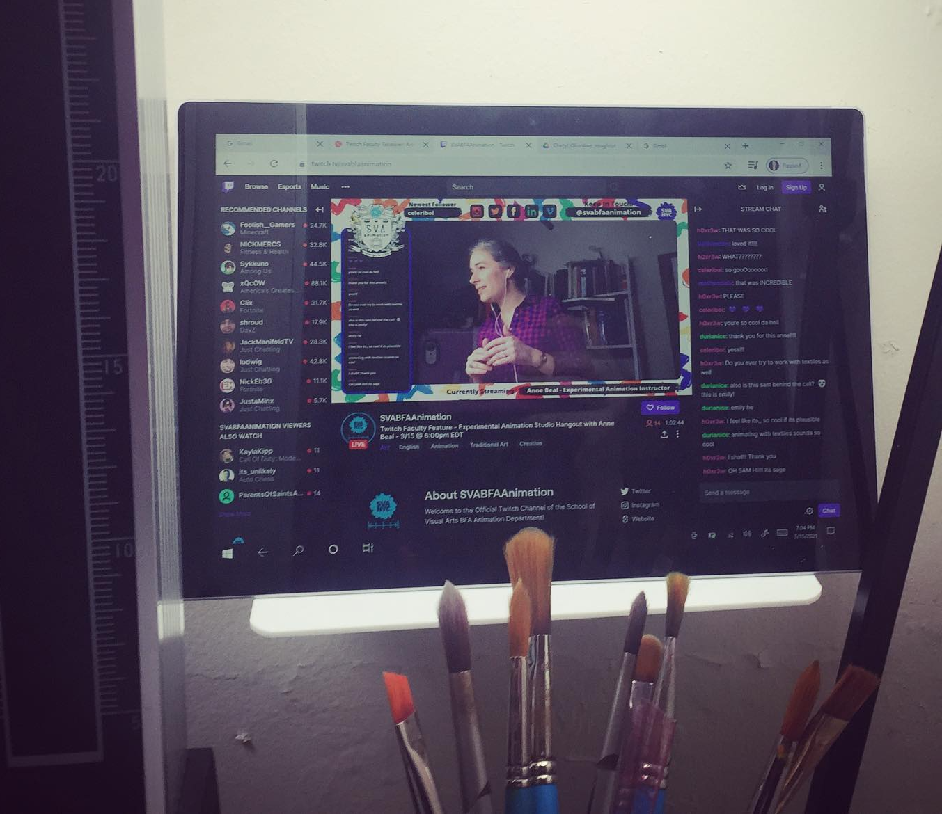 Anne lectures live on SVA's Twitch channel during COVID-era lockdown, Experimental Animation
