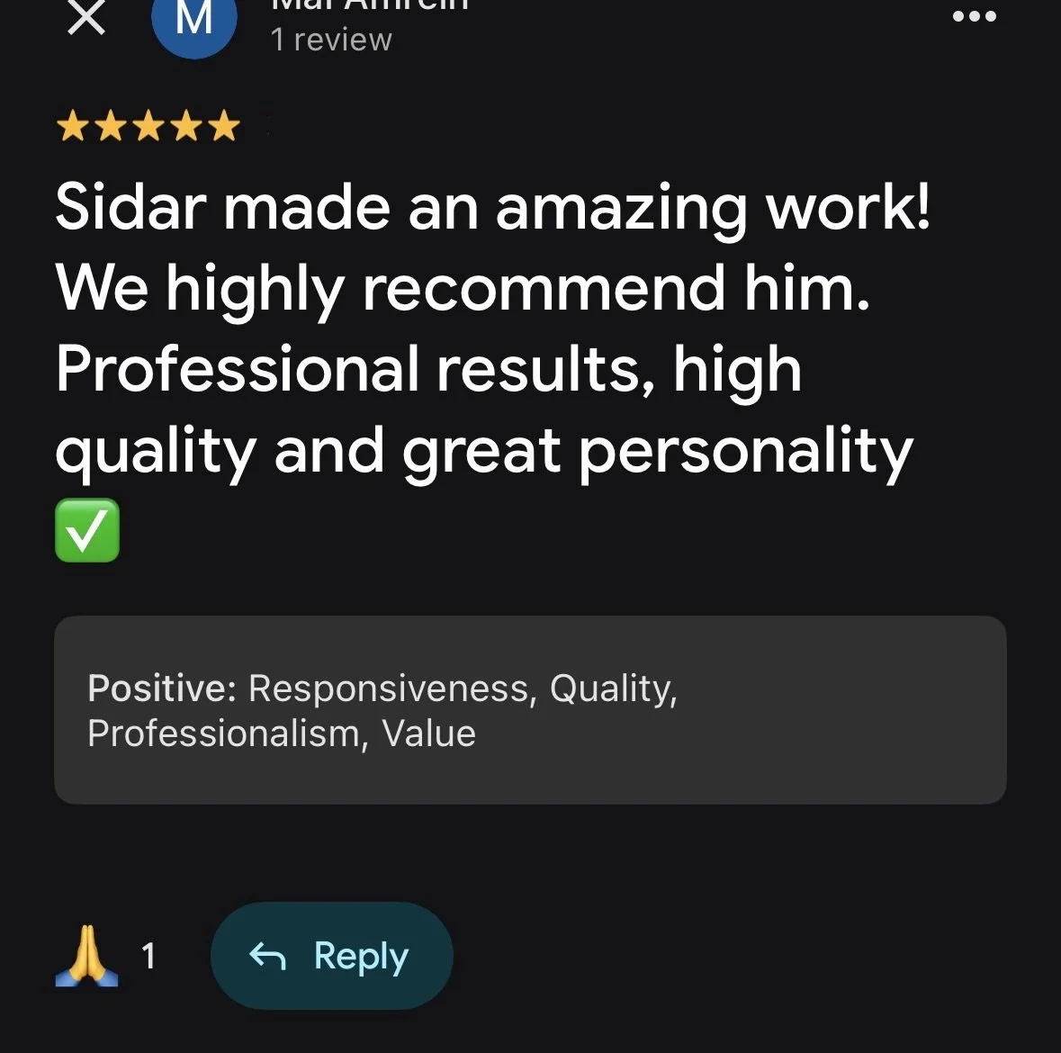 Screenshot of a five-star review praising Sidar for his professional work, great results, high quality, and great personality, with positive comments on responsiveness, quality, professionalism, and value.