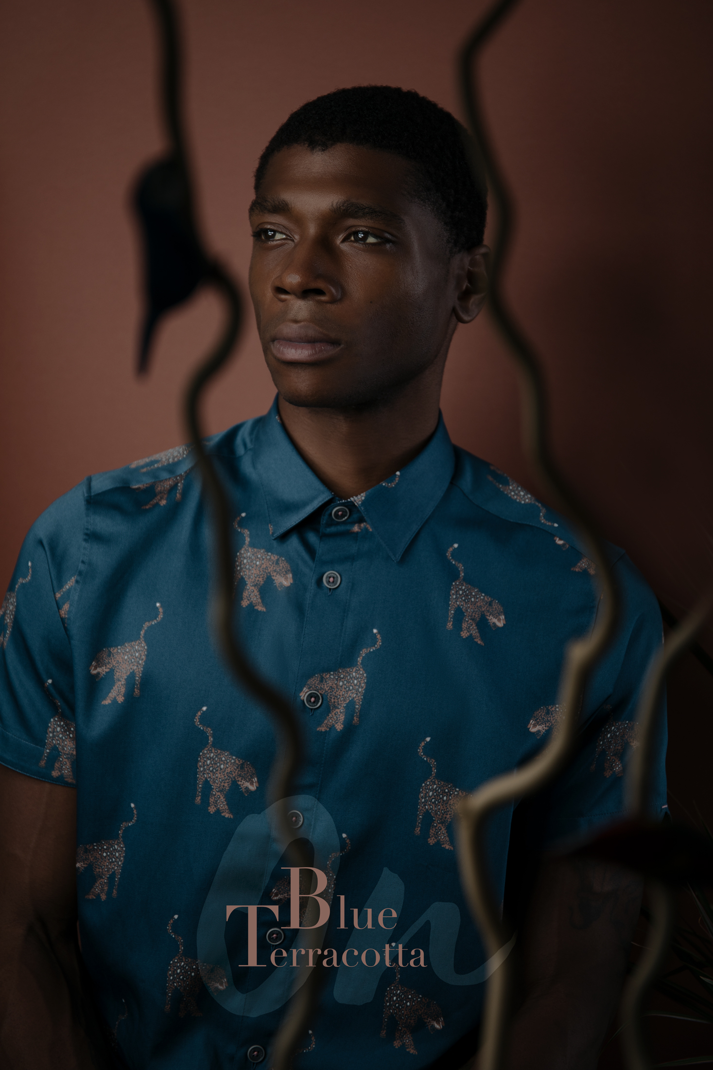 Person wearing a blue shirt with leopard patterns, standing against a brown background with artistic plant elements in the foreground.