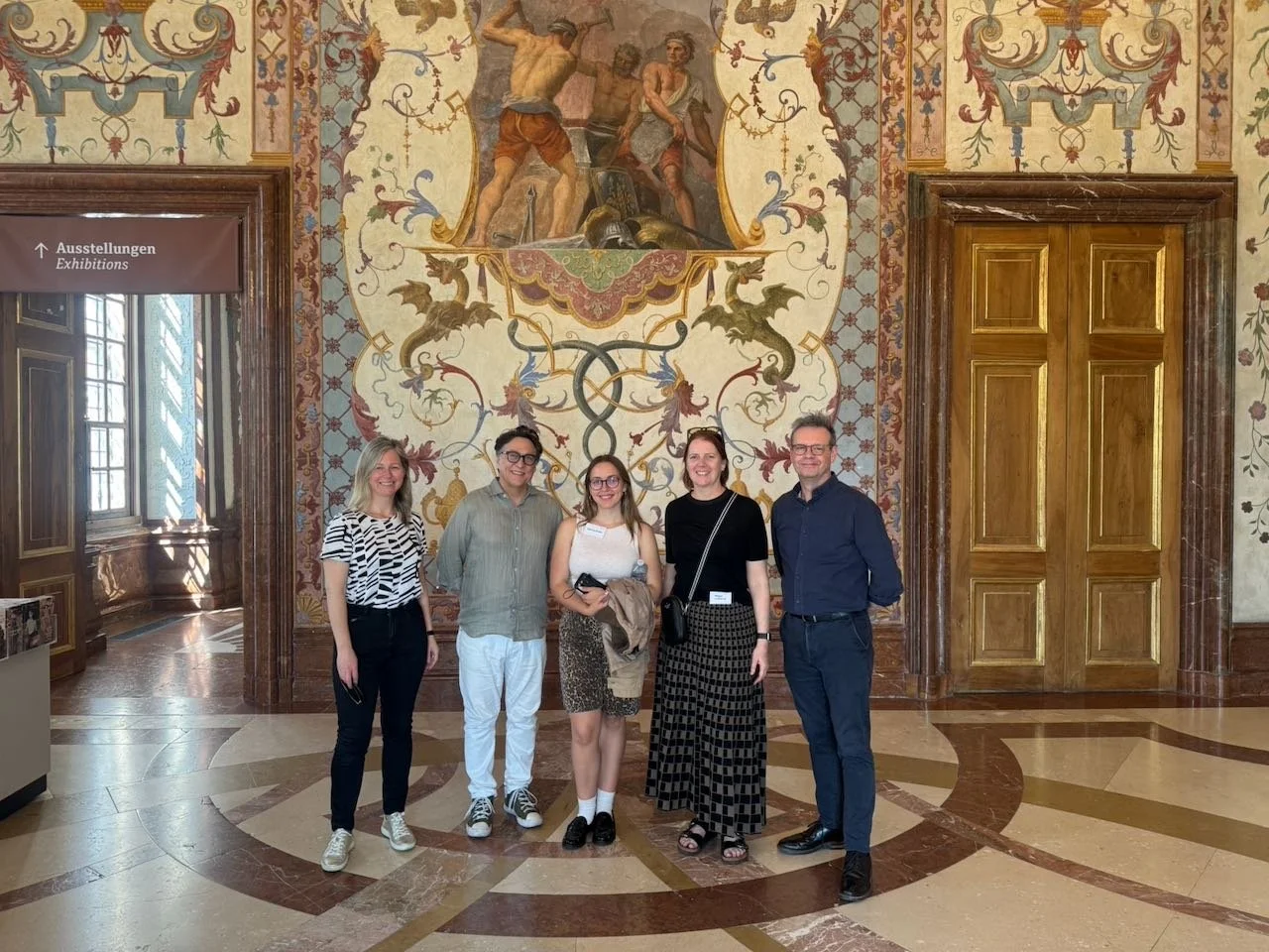 AMaGA residents L-R Janice Falsone, Vince Dziekan (Monash University), Edwina Holmes (Green), Megan Lawrence and  Ross Parry (Institute for Digital Culture) the Belvedere Museum.