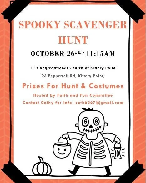 Join us for a (mildly) Spooky Scavenger Hunt! We invite children and their grown-ups to join us on Sunday, October 26 at 11:15am. Prizes will be awarded for the Scavenger Hunt and for Costumes!