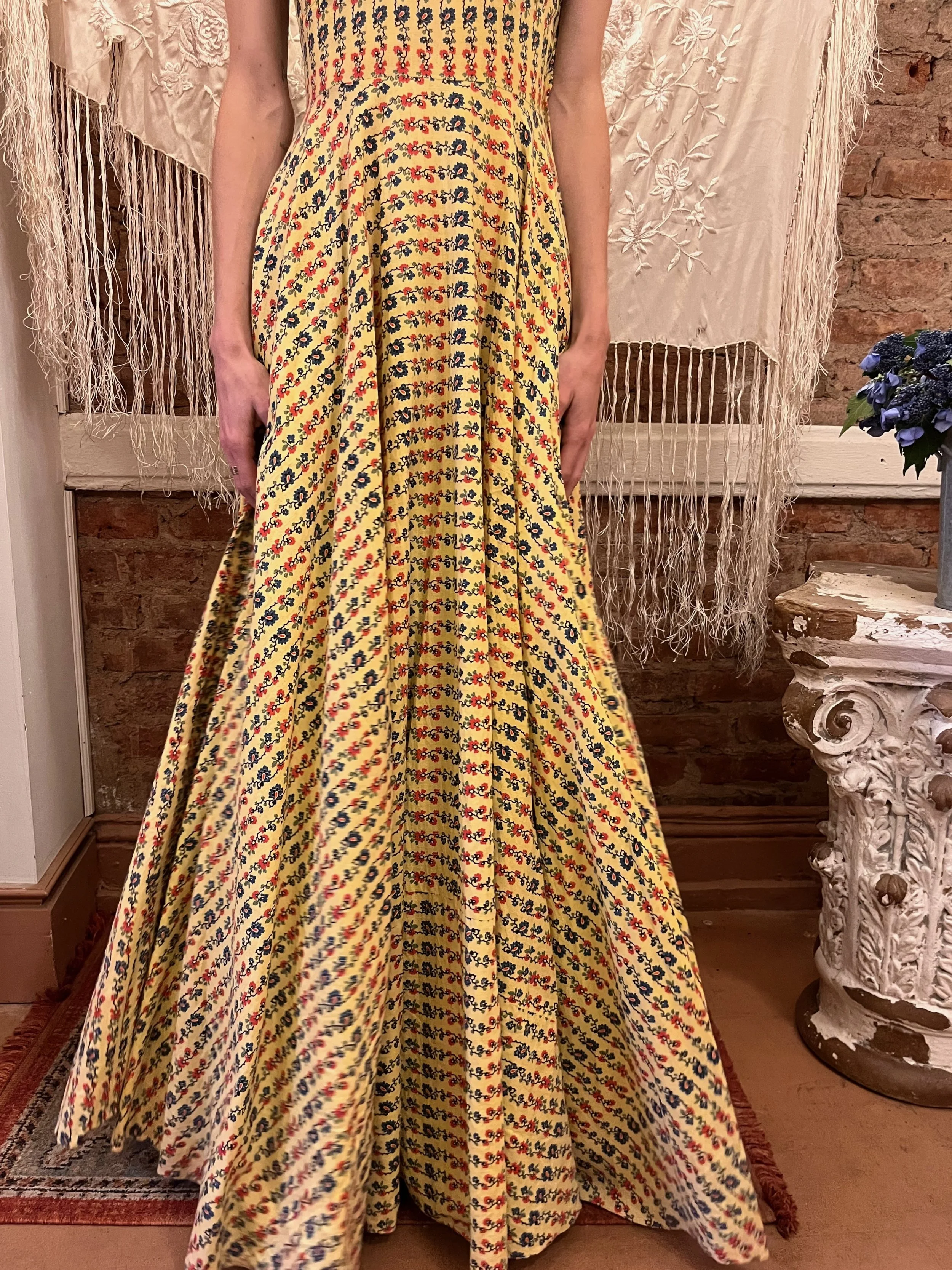 1940s maxi dress 1940s/1950s Yellow Polka Dot Sheer Lace Styled by Dorian Maxi Dress Gown   Canned Ham Vintage