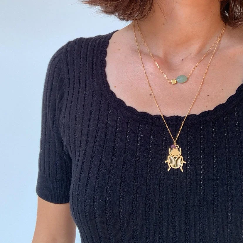 Collier Ras Du Cou Scarabée En Bronze Doré - Bijou Égyptien Vintage - Occasion Excellent État
