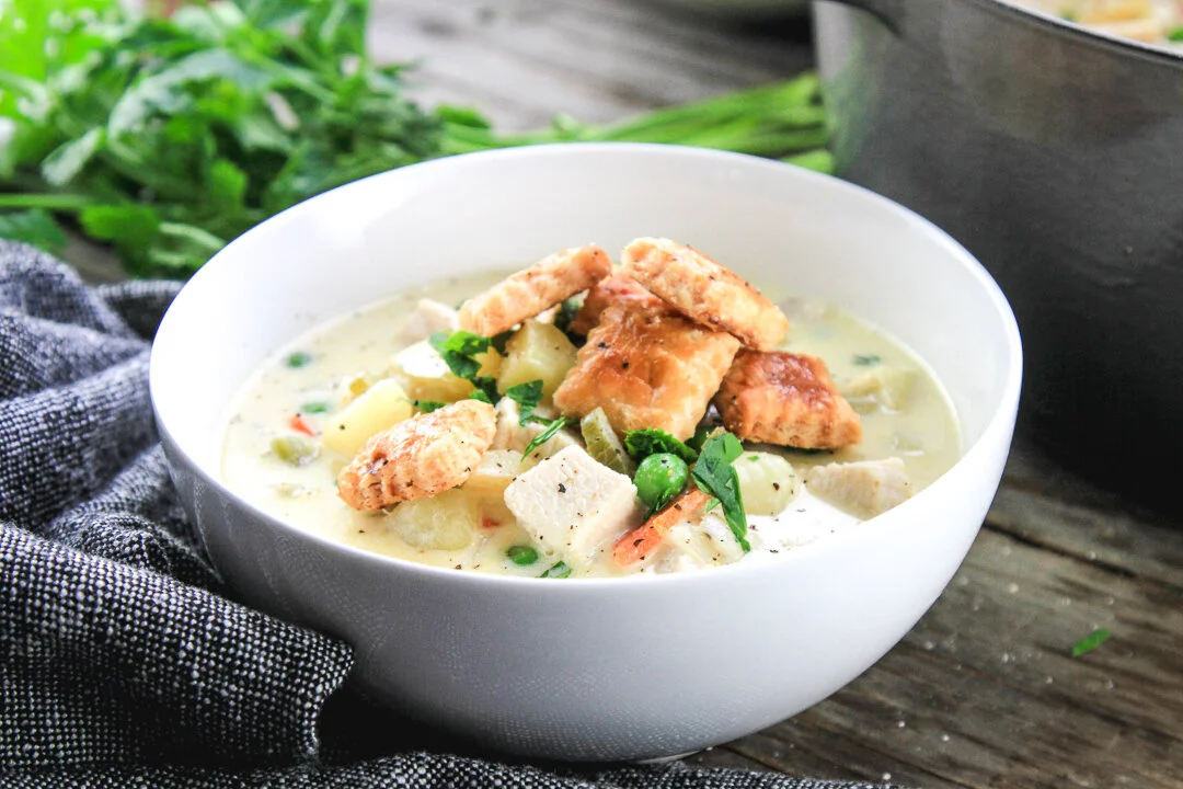 Chicken Pot Pie Soup with Pie Crust Crackers