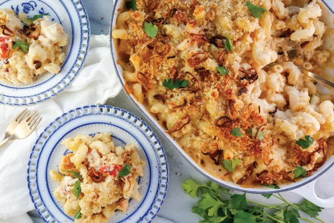 Lobster Mac and Cheese with a Crispy Shallot Herbed Crust