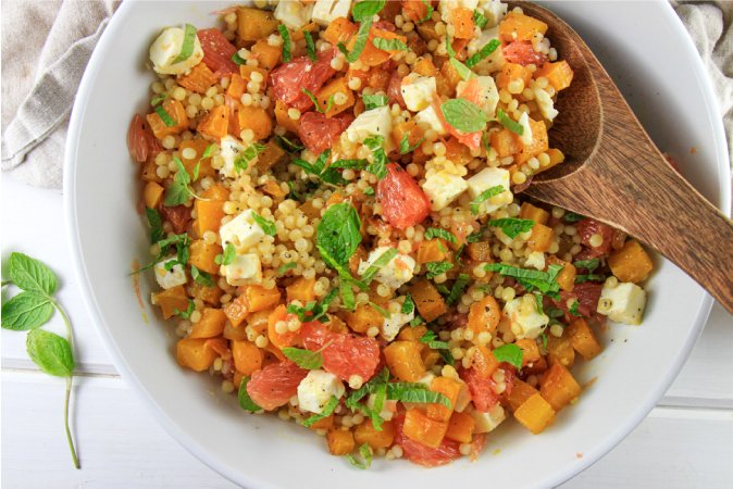 Roasted Golden Beet Salad with Grapefruit, Pearl Couscous, Mint and a Honey-Lemon Vinaigrette