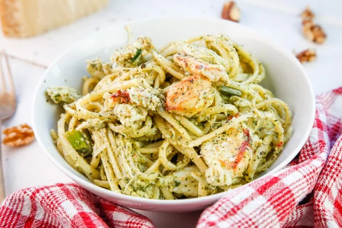 Crab Linguine with Spicy Walnut Pesto &amp; Springy Green Onions