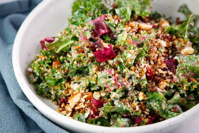 Kale Salad with Roasted Beets, Crispy Lentils, and Garlic Butter Panko