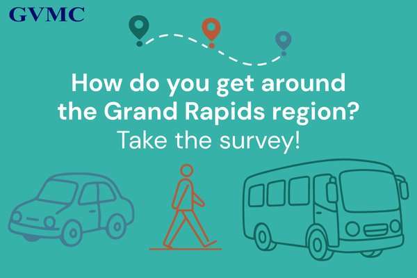 Car, pedestrian, and bus graphic with the text "How do you get around the Grand Rapids region? Take the survey!"
