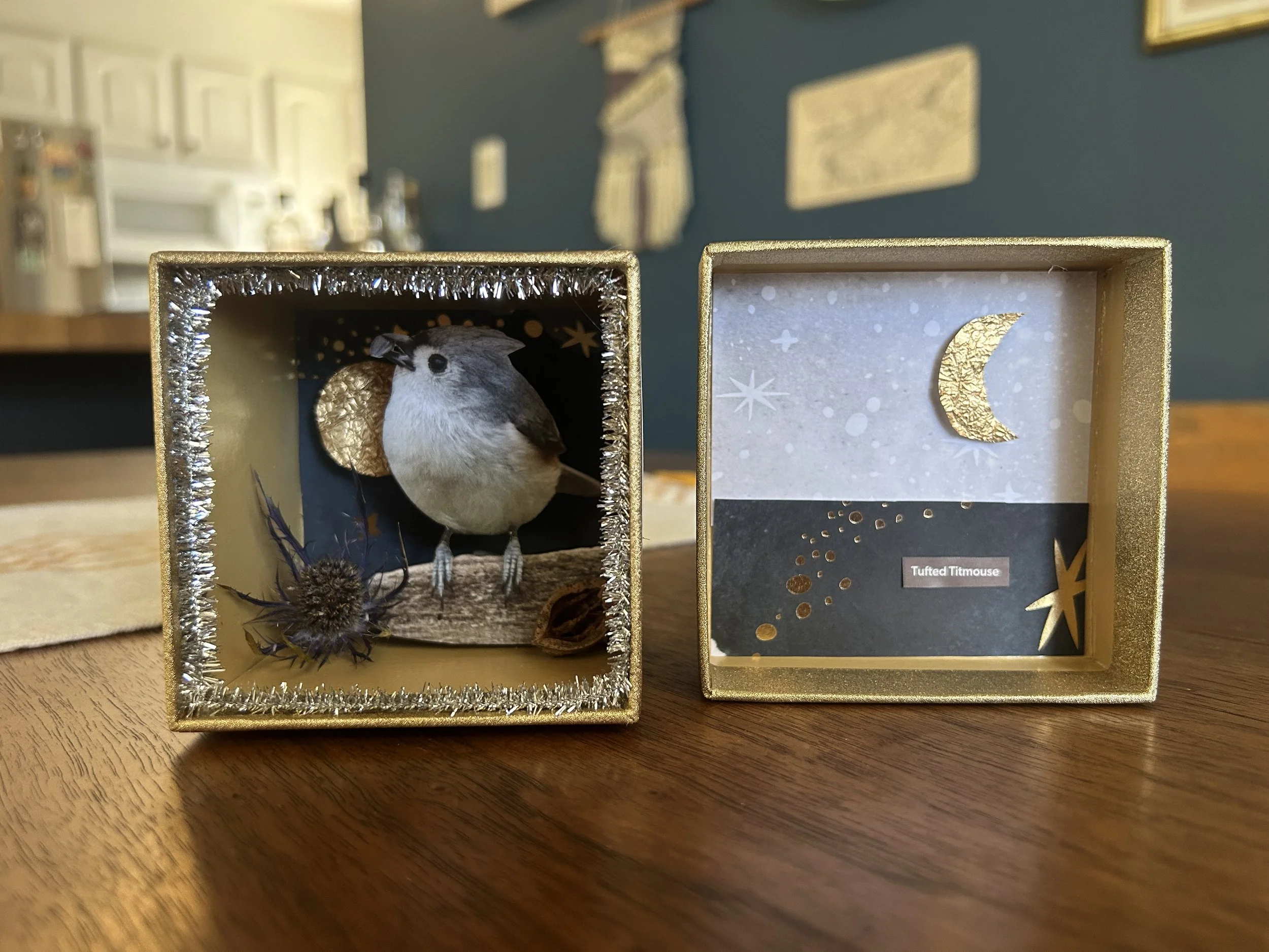 Two decorated boxes display ornamental bird figures and moon-themed artwork with gold accents, labeled as a tufted Titmouse.