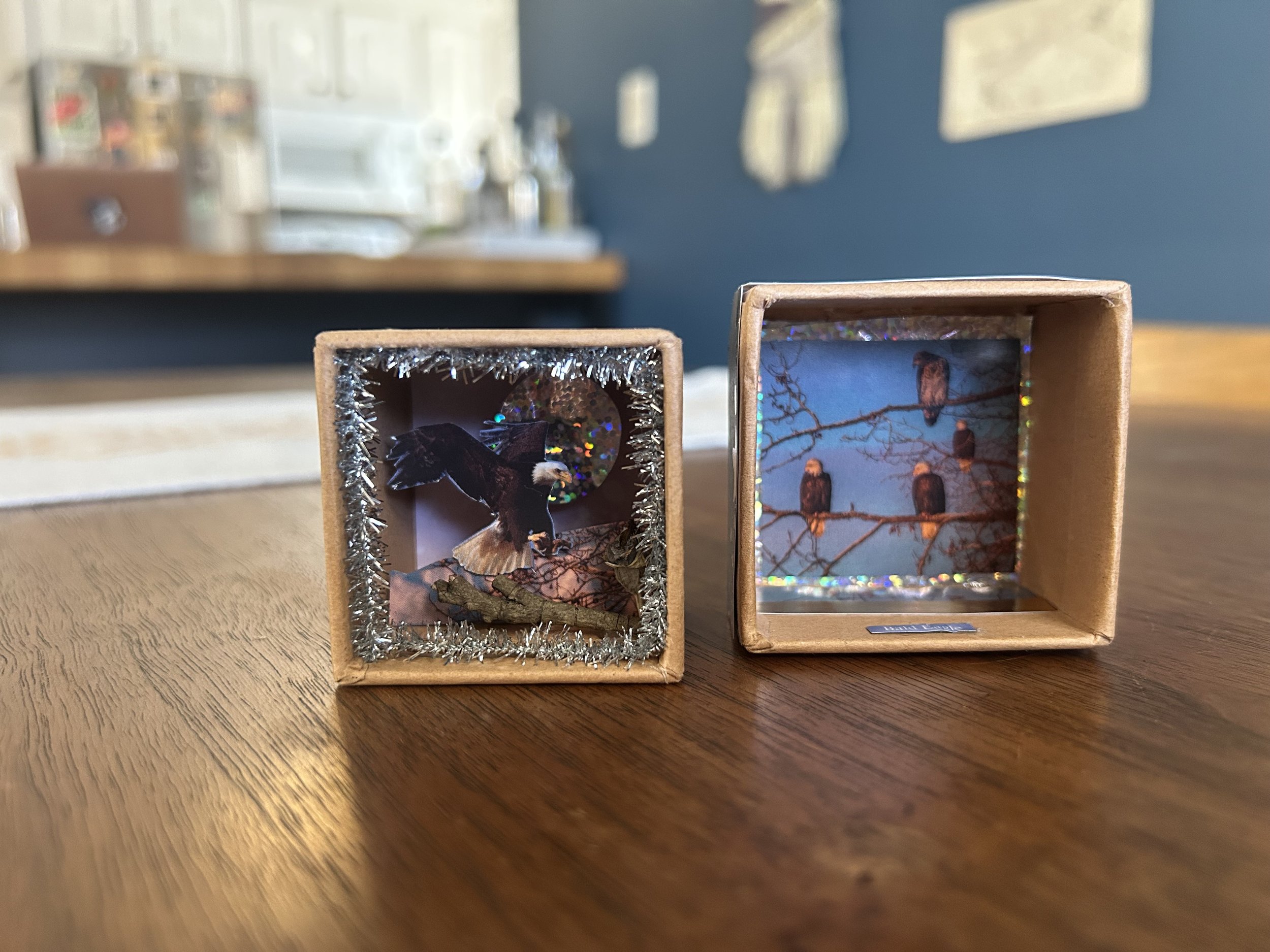 Two small decorative boxes with autumn-themed scenes are placed on a wooden table. The left box features a bald eagle in a natural setting with tinsel around the border; the right box shows four birds perched on tree branches against a blue sky, deco