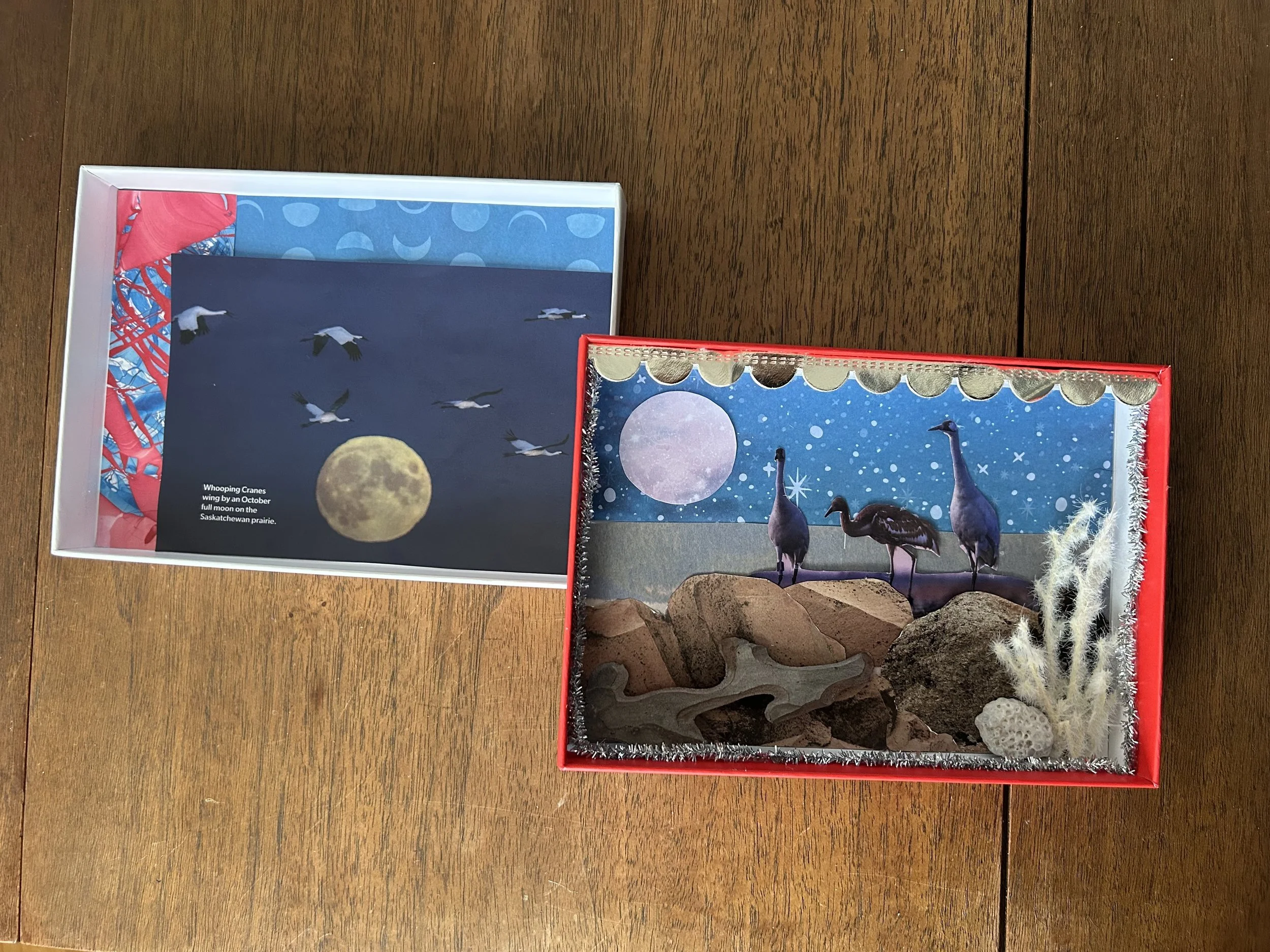 Two open display boxes on a wooden surface, one with paper artwork of flying cranes and a full moon, and the other with a scene of three cranes by rocks and plants under a starry night sky.