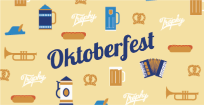 Pattern with Oktoberfest theme including beer mugs, pretzels, accordion, stein, trumpet, and beer bottle, with the word 'Oktoberfest' in the center.