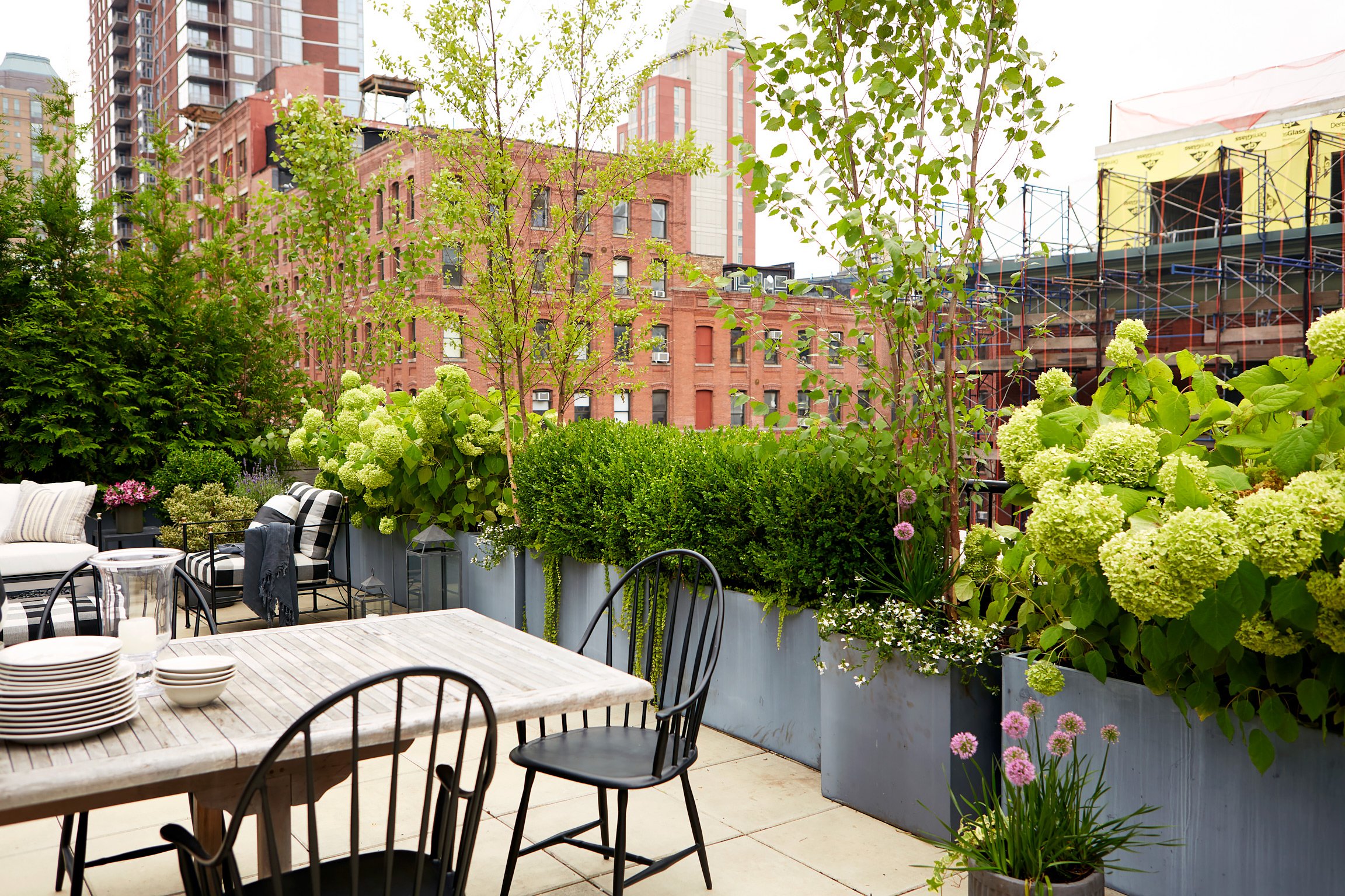 Urban rooftop patio with outdoor dining and seating area, surrounded by lush greenery and potted plants, with tall buildings in the background.