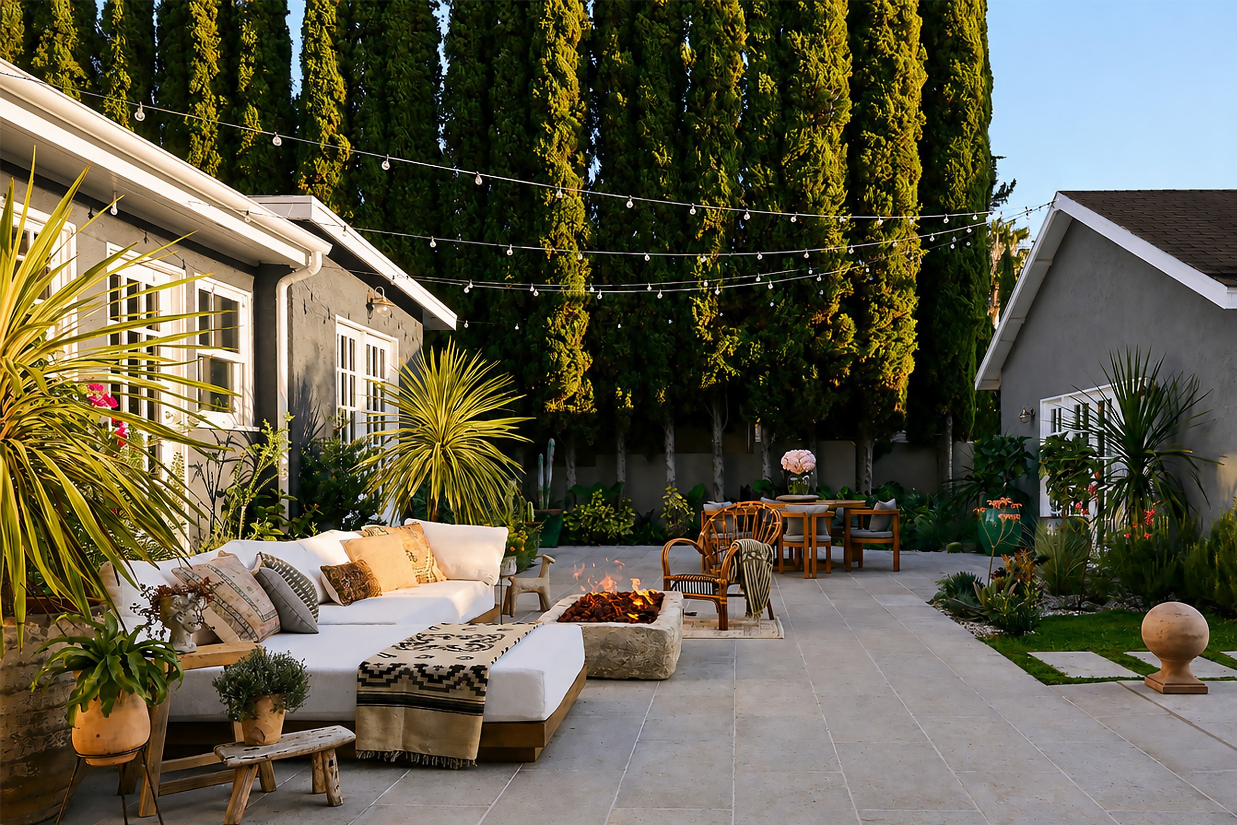 A backyard patio with outdoor furniture, potted plants, string lights, and a fire pit, surrounded by tall trees and neighboring houses, during the evening.