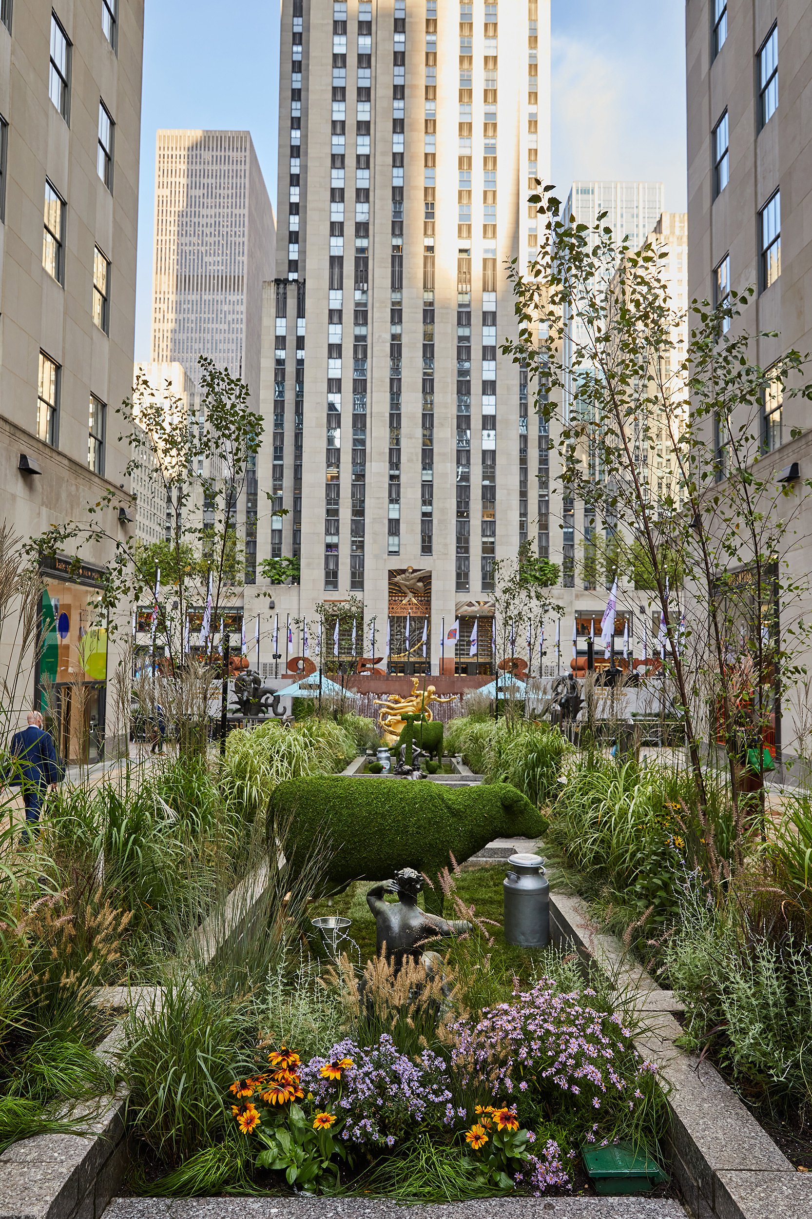 View of a landscaped garden with sculptures and greenery, surrounded by tall office buildings in an urban setting.