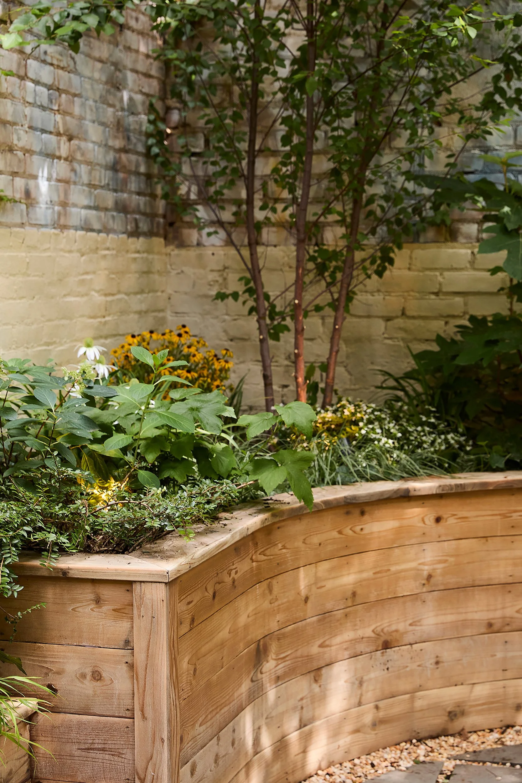 A small landscaped garden with a curved wooden planter filled with green plants and flowers, set against a brick wall.