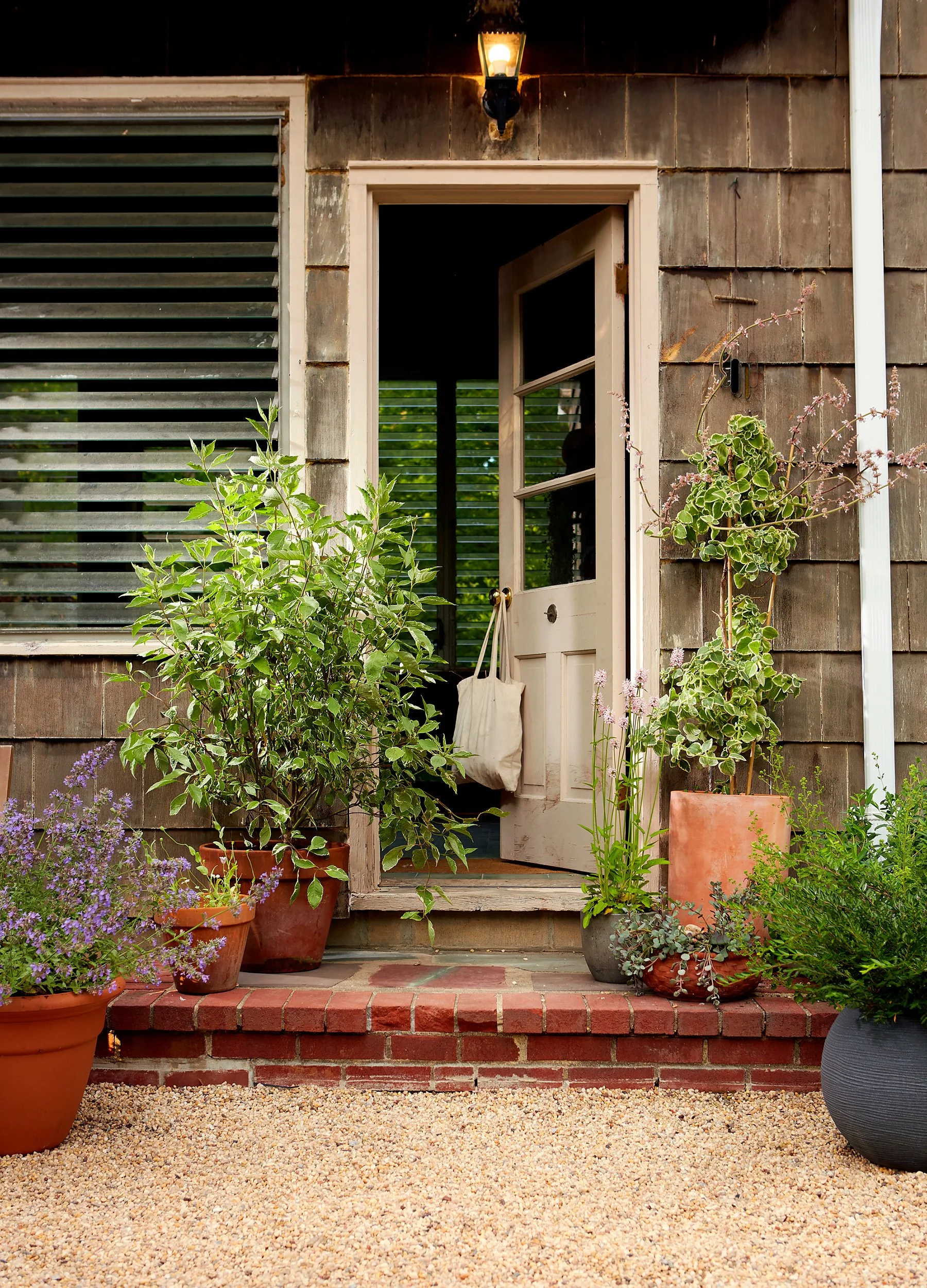 Front porch of a house with potted plants and flowers on brick steps, open white door, wooden siding, and a wall-mounted outdoor lantern light.