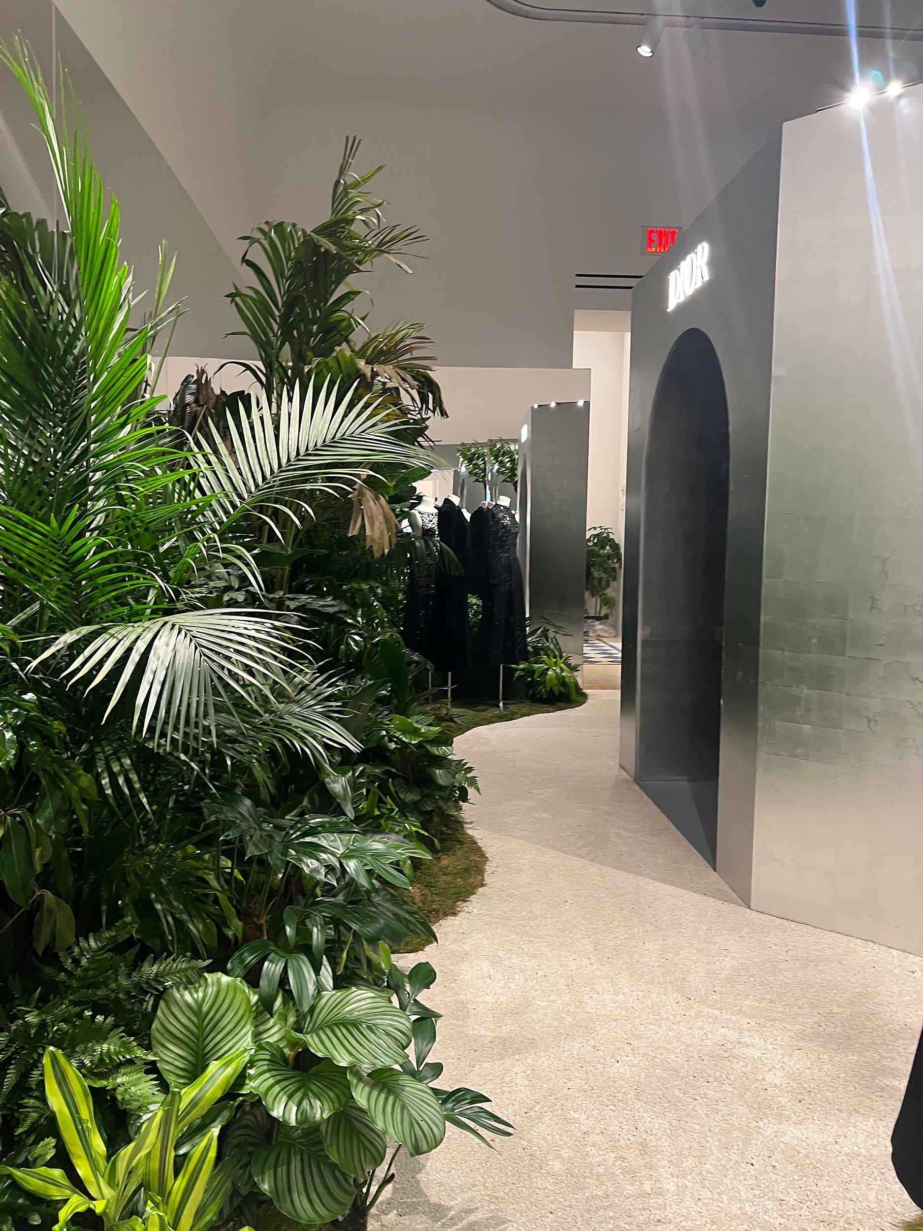 Indoor store featuring lush green plants on the left, a clothing rack with black garments towards the back, and the entrance to a Dior store on the right with a metallic archway.