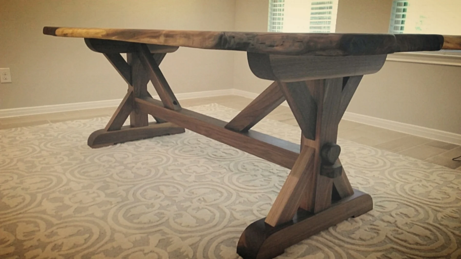 Walnut Trestle Table fully detachable with Walnut Live Edge Table Top