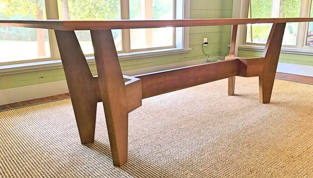 Mid Century Modern Dining Table. Old Growth Pine Top w/ Cherry Base