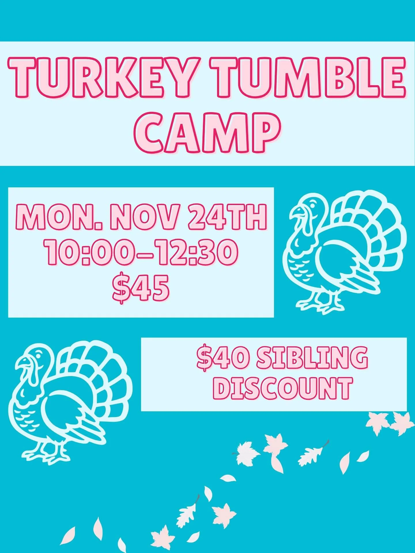ONE WEEK until Turkey Tumble Camp🩷🩵🦃🤸🏼&zwj;♀️
Sign up Here⬇️⬇️
https://portal.iclasspro.com/winktumblingacademy/camps/1?sortBy=time