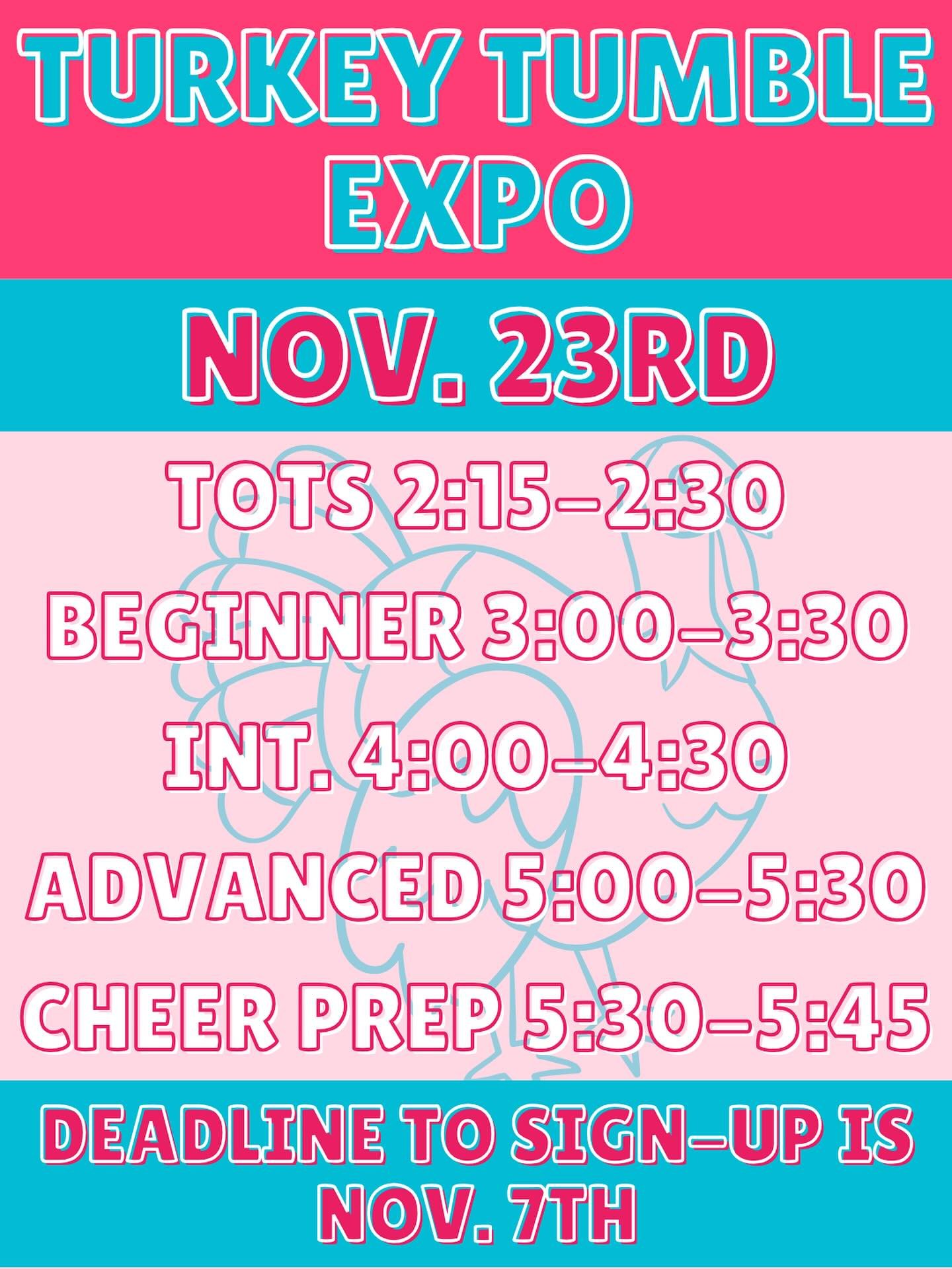 IT&rsquo;S TURKEY TUMBLE TIME!!!🦃🤸🏼&zwj;♀️🩵🩷
Sign-up today by texting 662-801-4080 or email info@winktumble.com
$30