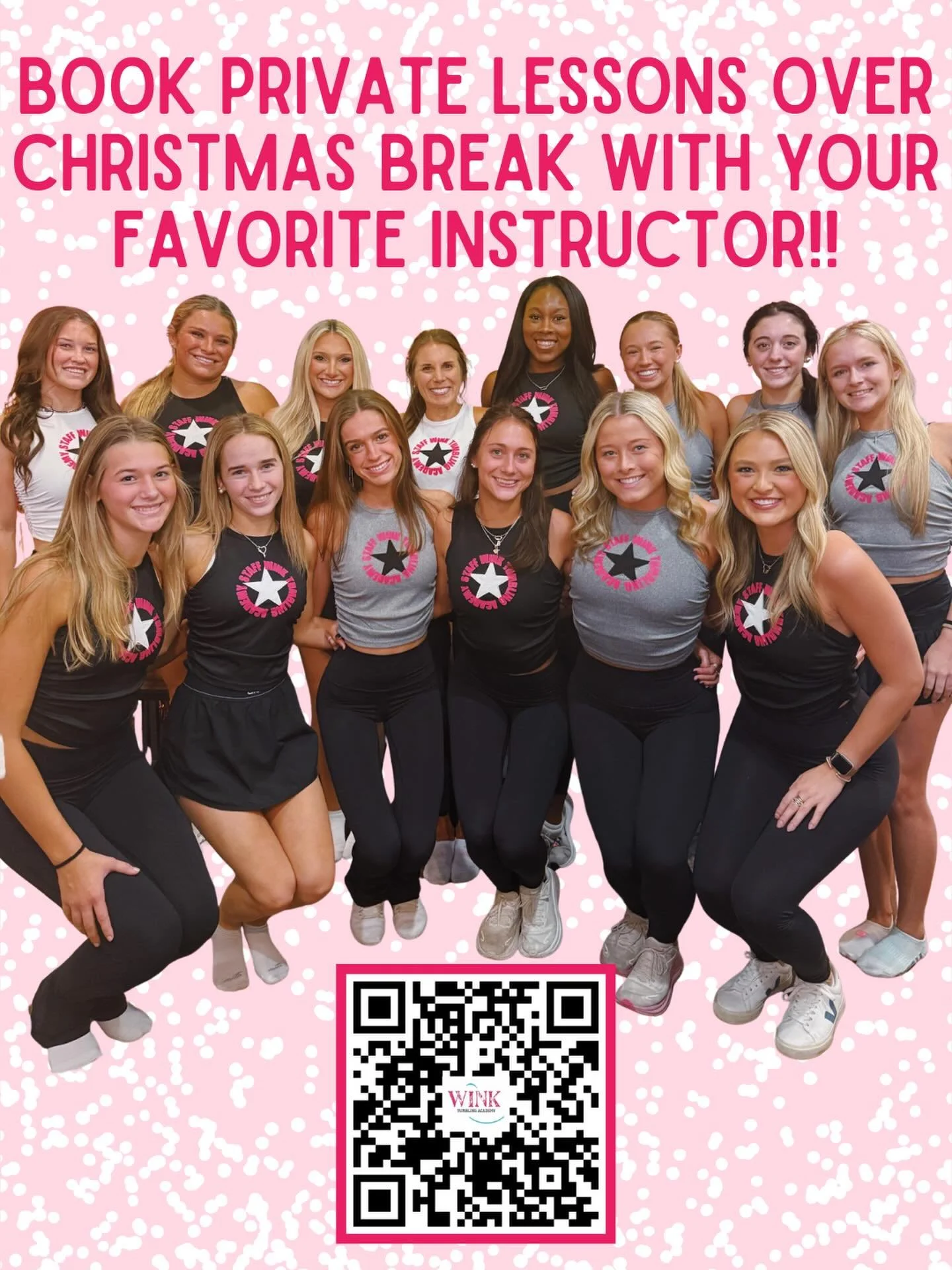 Scan the QR code to book private lessons for Christmas break!!🤸🏼&zwj;♀️🤸🏼&zwj;♀️🤸🏼&zwj;♀️
 *not all instructors are pictured