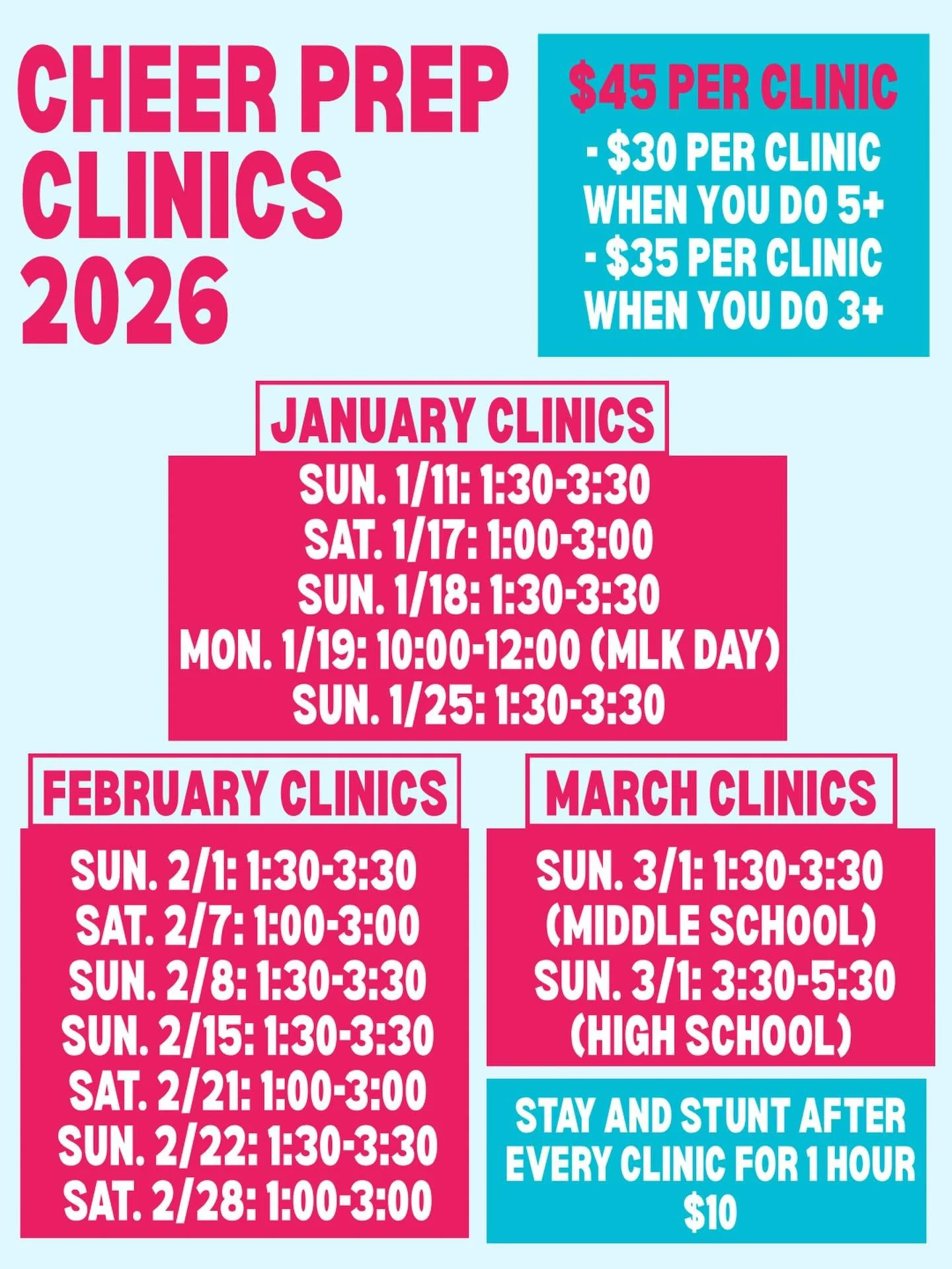 Cheer Prep clinic schedule for 2026 tryouts!! HERE WE GOOOO🩷🩵🤸&zwj;♀️