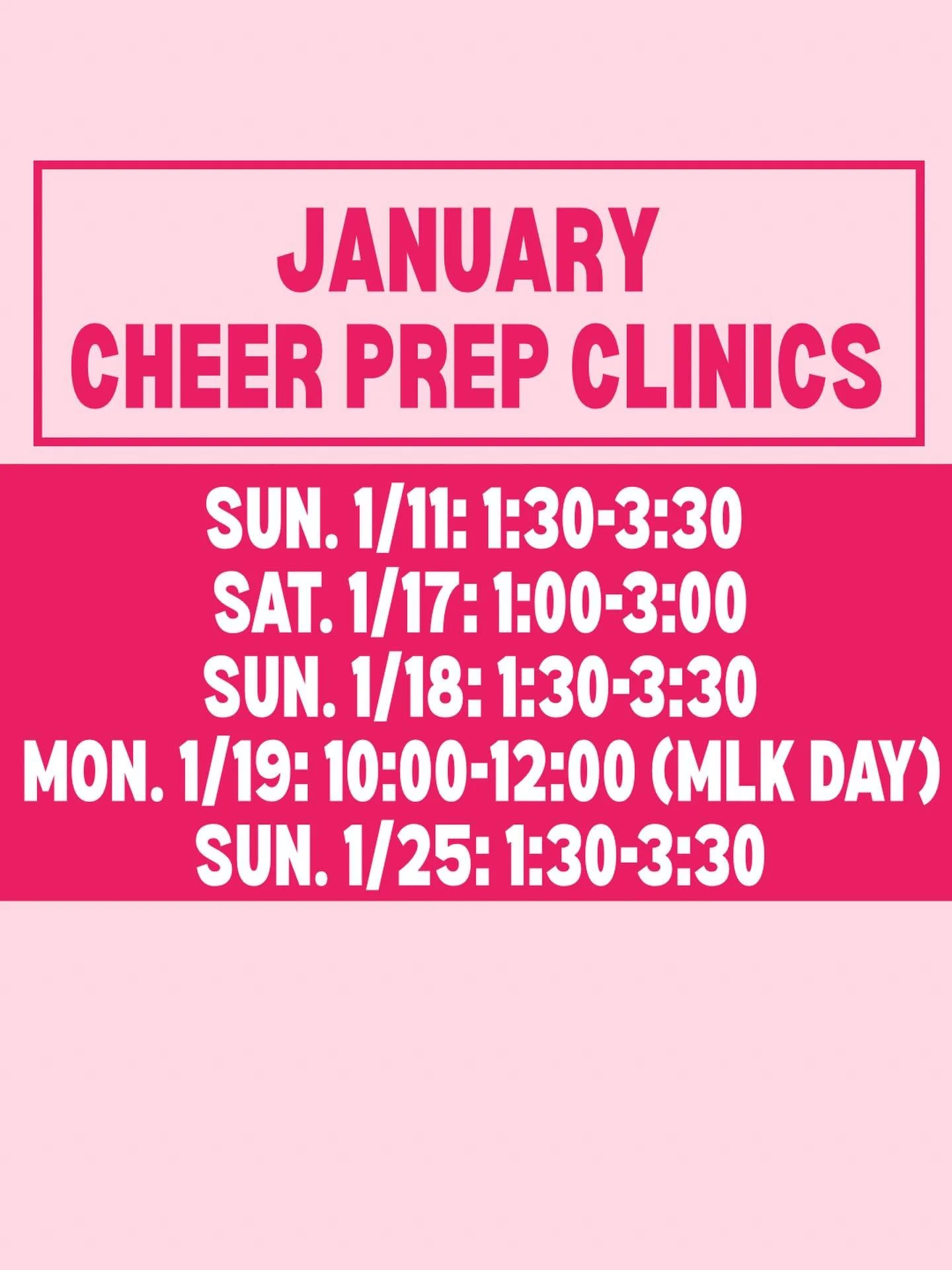 Cheer tryout season is just around the corner!! Here&rsquo;s the January cheer prep schedule!!🤸&zwj;♀️🤸&zwj;♀️
Reminder: $45 per clinic &mdash; $35 when you do 3+ &mdash; $30 when you do 5+