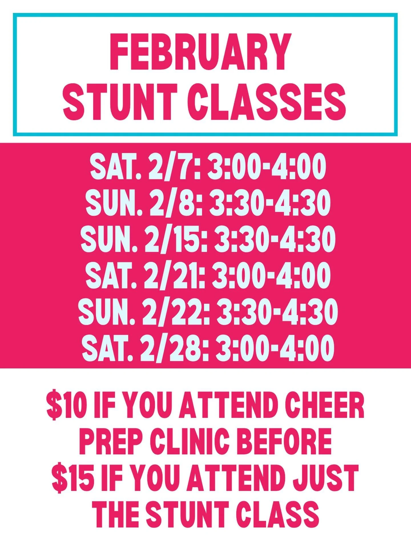 Stunt classes for February will follow each of the cheer prep clinics!! Stay and stunt with us!!🤸&zwj;♀️🤸&zwj;♀️🤸&zwj;♀️