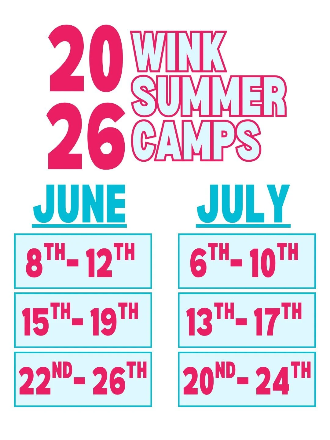 WINK SUMMER CAMP SCHEDULE IS HERE!!! We&rsquo;re so excited for a summer full of fun!! Swipe for more information and be on the lookout for camp themes🤸🏼&zwj;♀️☀️🩷🩵