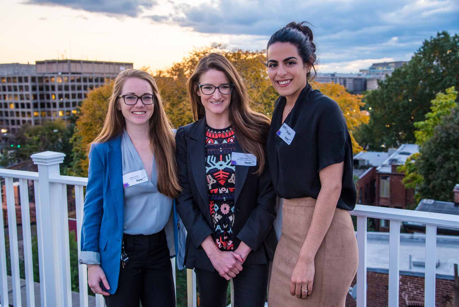 (l-r) Libbie Canter, Kellie Kemp and Pardeis Heidari enjoy the rooftop view during the Future of Television event at the Consumer Technology Association Innovation House on October 25, 2017.