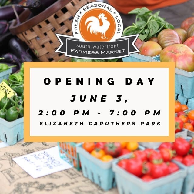 Come celebrate the start of our 10th summer season today at Opening Day of the South Waterfront Farmers Market from 2:00 pm &ndash; 7:00 pm at Elizabeth Caruthers Park! 🎉 There&rsquo;ll be approximately 30 vendors here to feed you all kinds of flavo