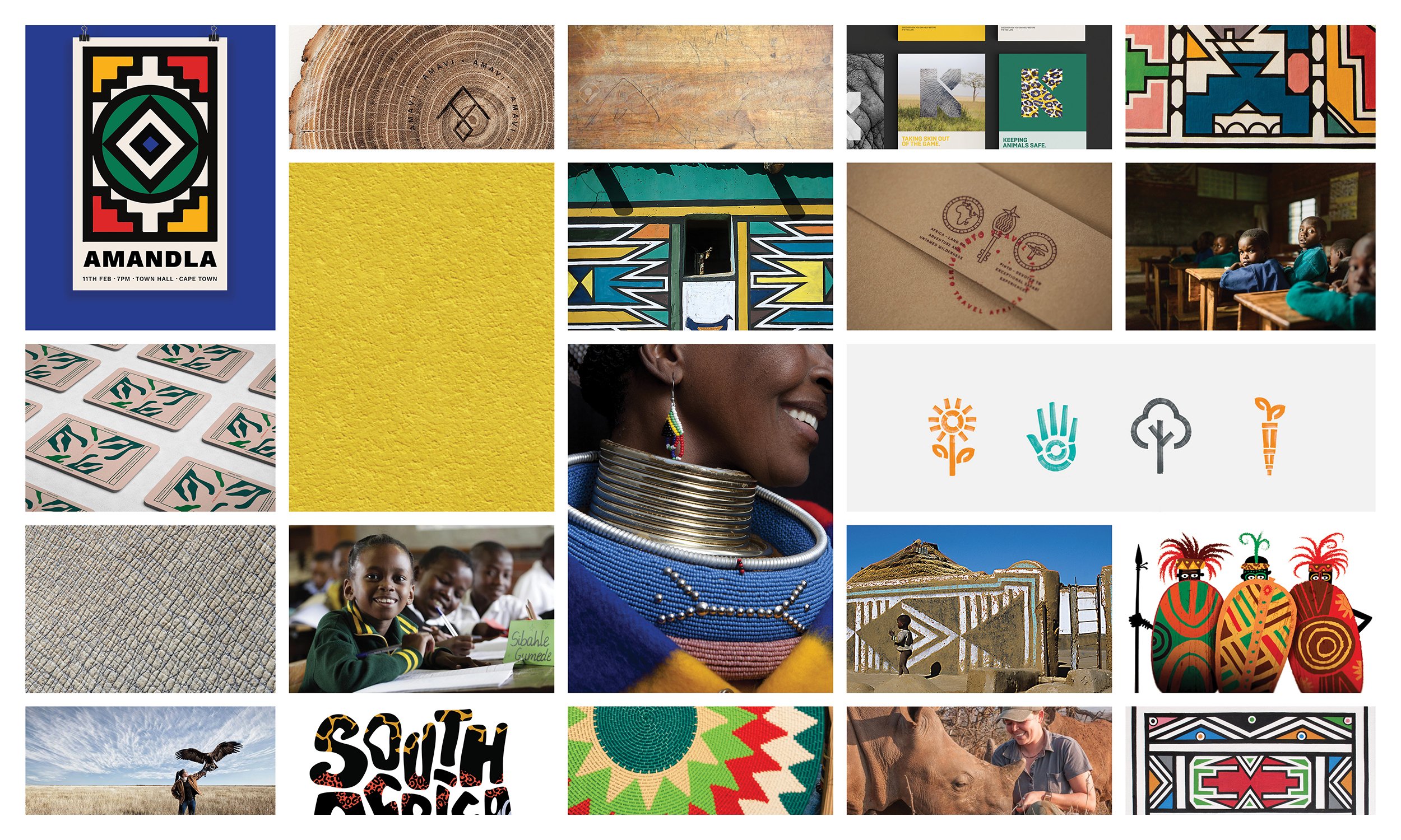 I gathered examples of natural textures, colors, and art styles that are indigenous to South Africa to pull from and use across the brand identity.