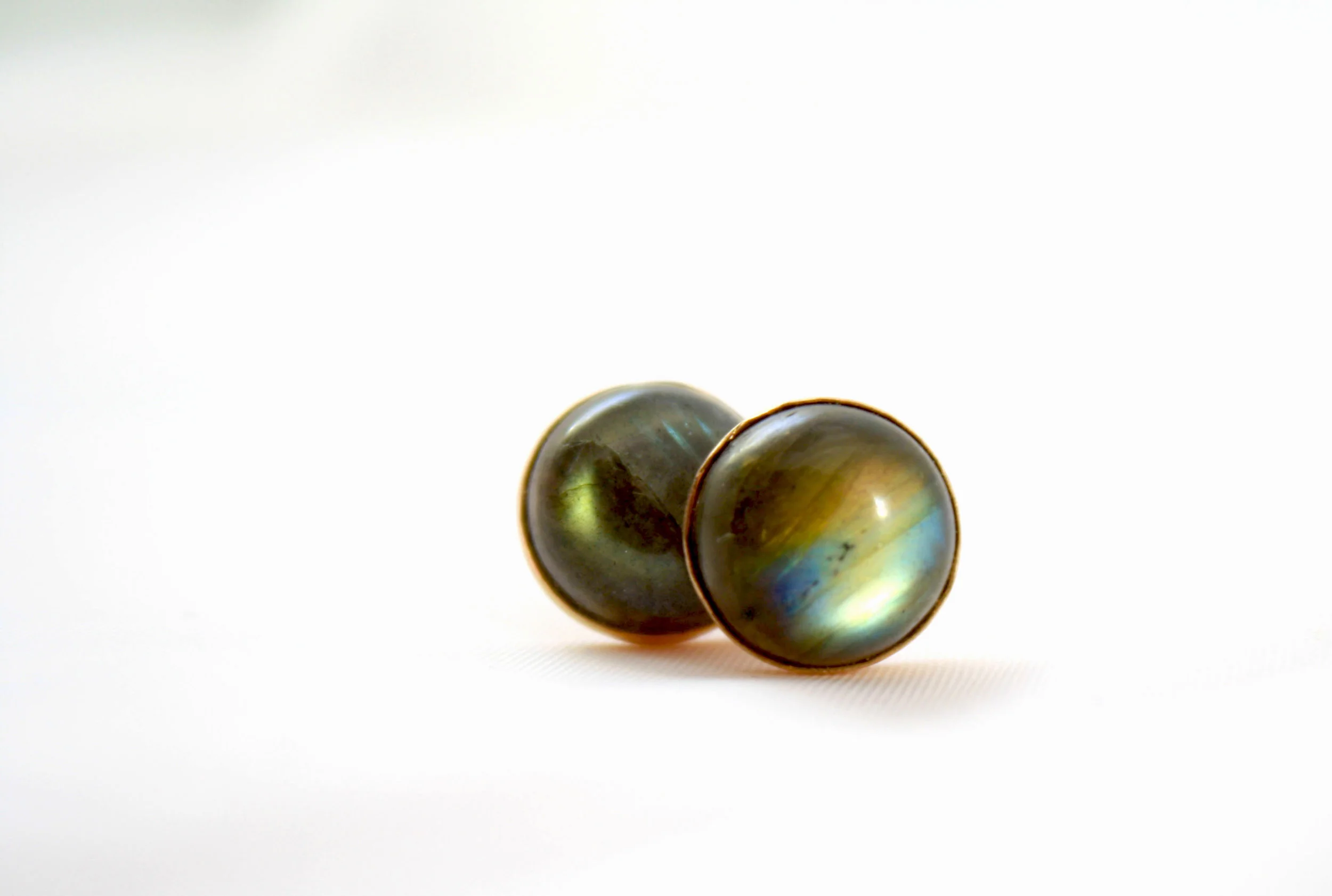 Labradorite stud earrings, set in brass bezel