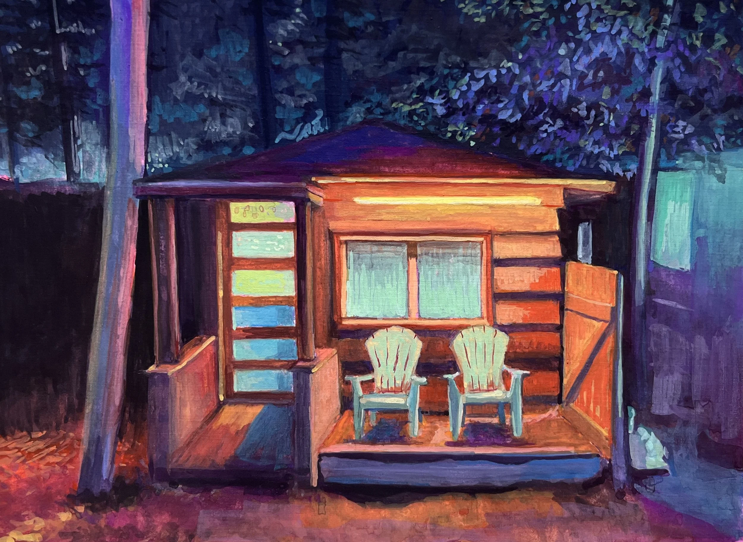 a painting of a small home set in the woods, it's porch glowing in the darkness of night where two patio chairs sit invitingly