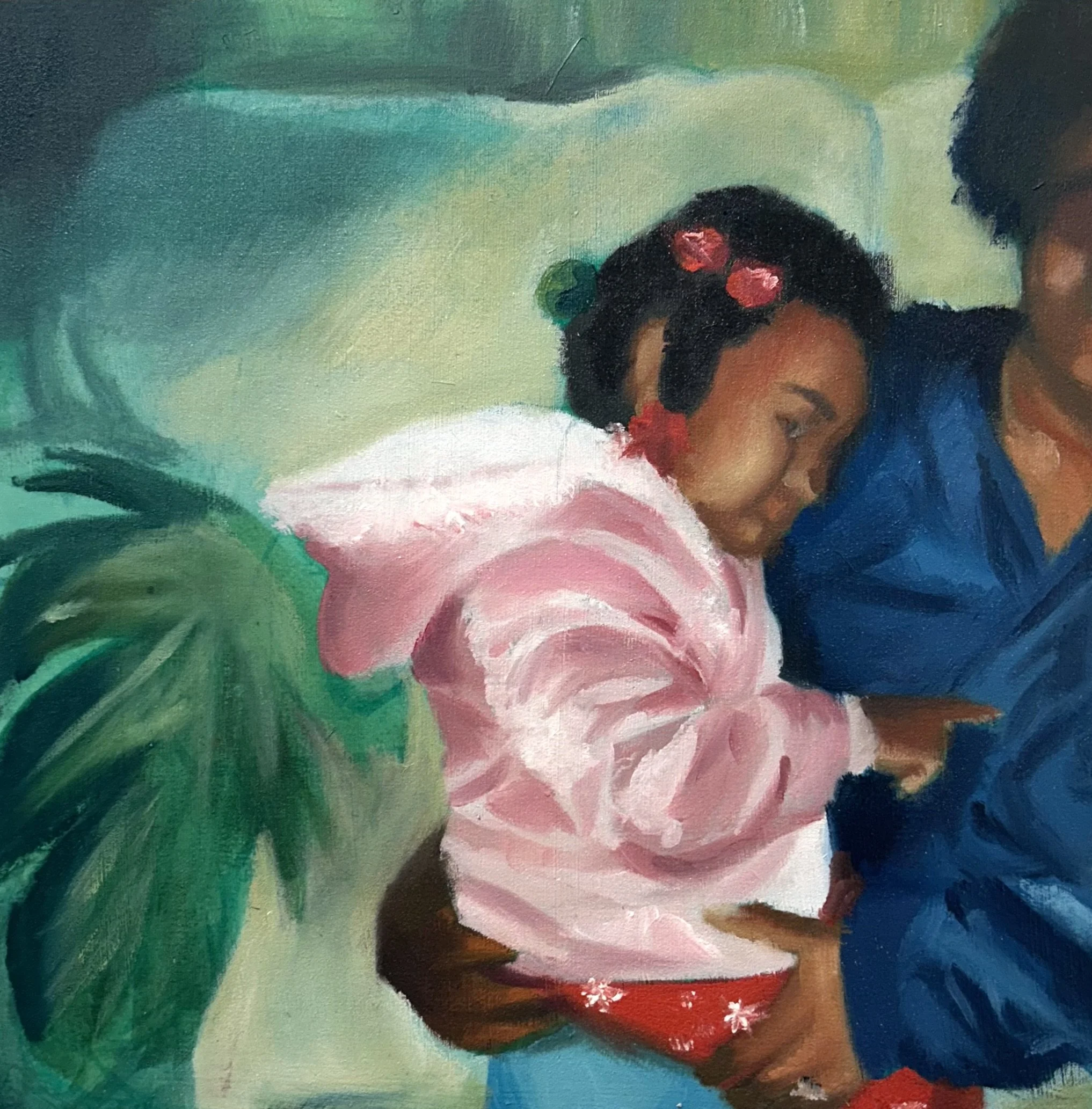 A painting depicting a person wearing a blue shirt holding a toddler with a pink hoodie and pink beads in their dark hair framed by a green lush plant