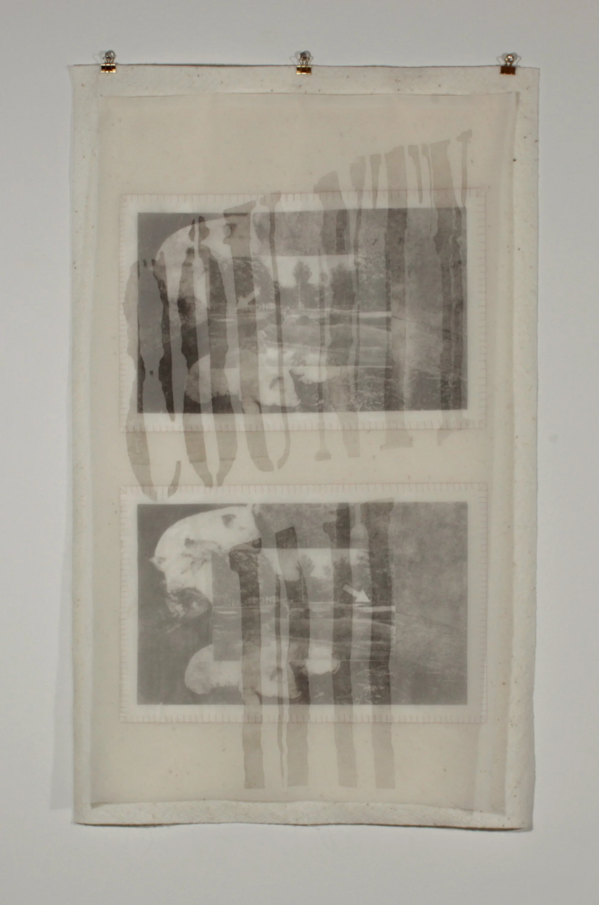 An achromatic, ephemeral artwork with transparent layers of text and image